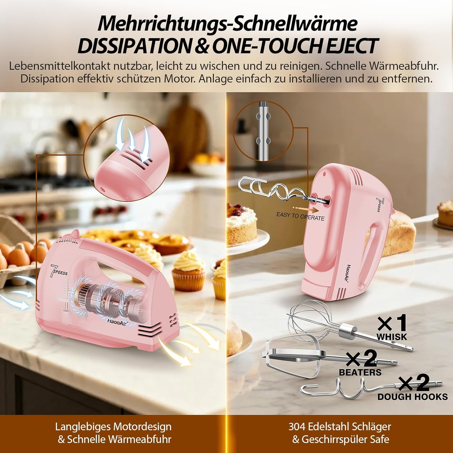 Rosa Handmixer mit Zubehör auf Küchentheke, neben Kuchen und Eiern.