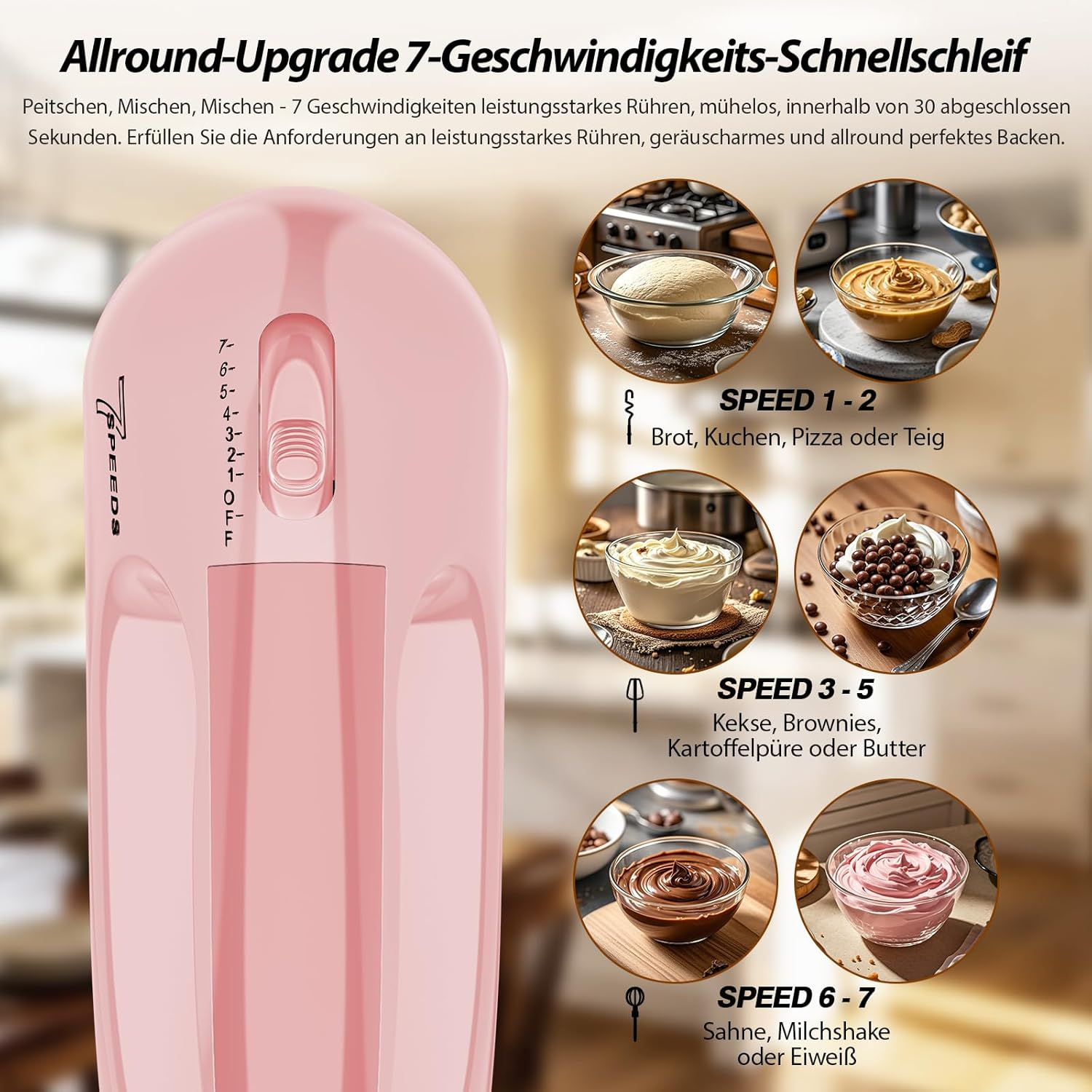 Pinker Handmixer mit Geschwindigkeitseinstellungen und vier Schüsseln mit Essenszubereitungen.