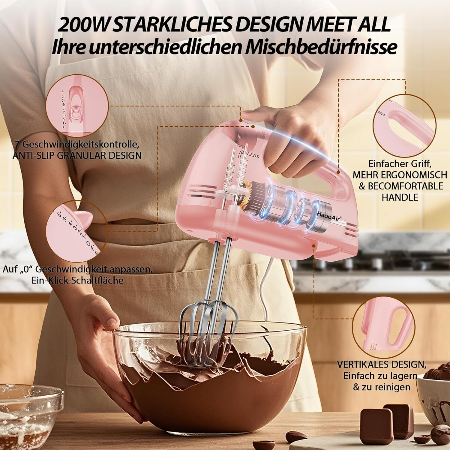Ein rosa Handmixer mixt Schokolade. Merkmale: 7 Geschwindigkeiten, Anti-Rutsch-Griff.