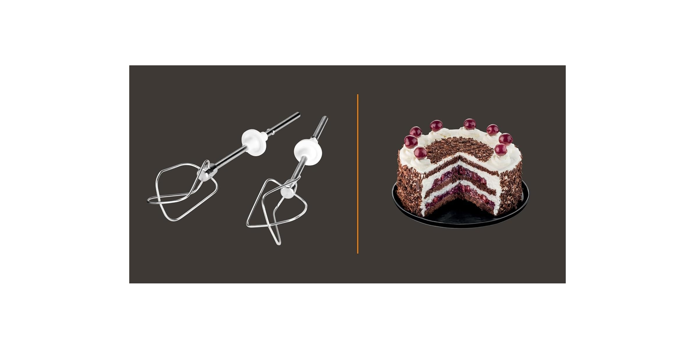 Zwei Rührbesen und ein angeschnittener Schwarzwälder Kirschtorte.