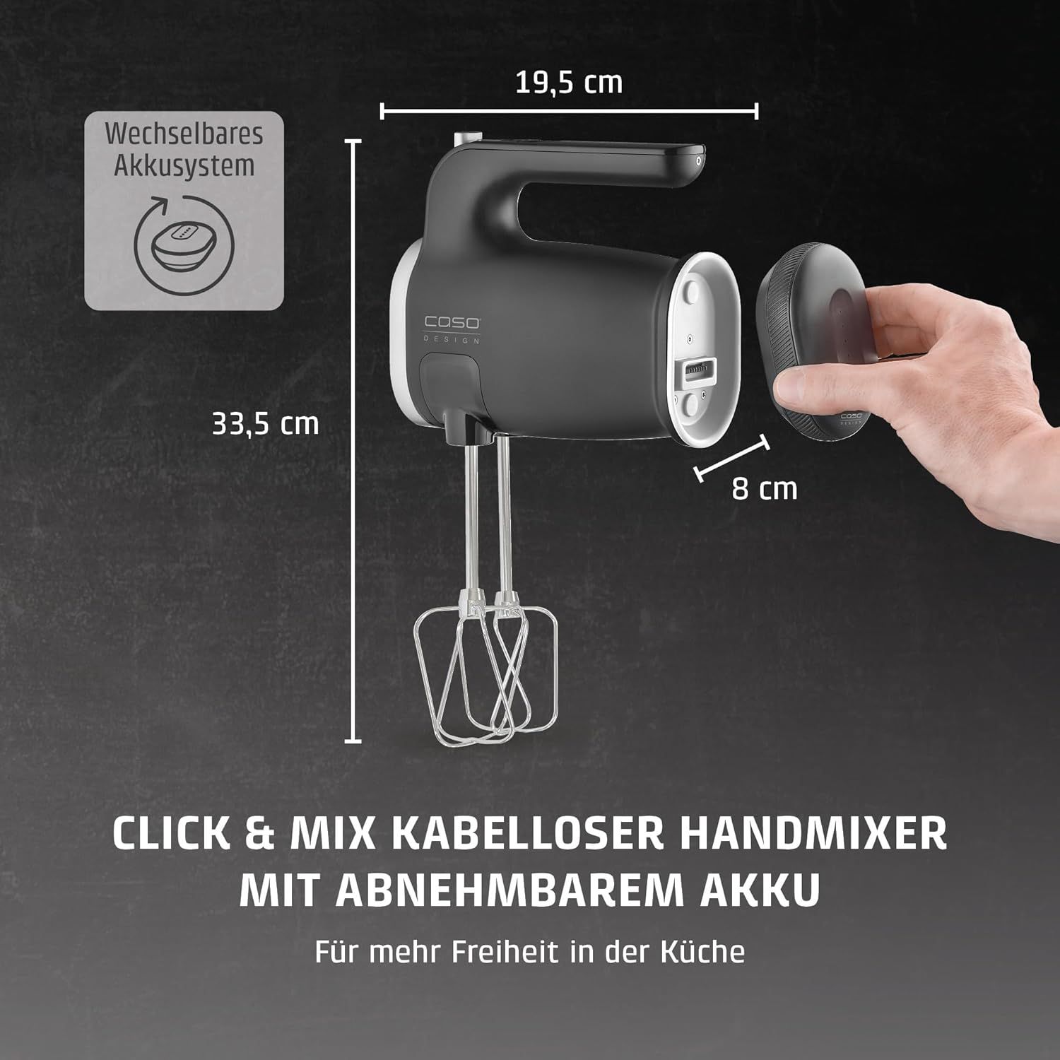 Schwarzer Handmixer mit abnehmbarem Akku und Rührbesen. Maße: 19,5/33,5/8 cm.