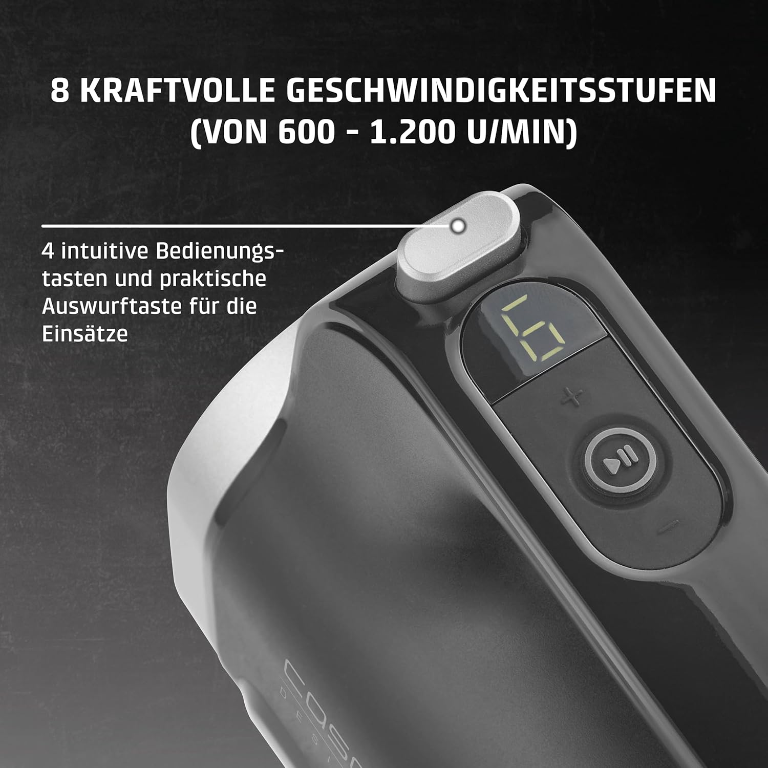 Nahaufnahme eines schwarzen Geräts mit digitaler Anzeige „6“ und Bedienelementen.