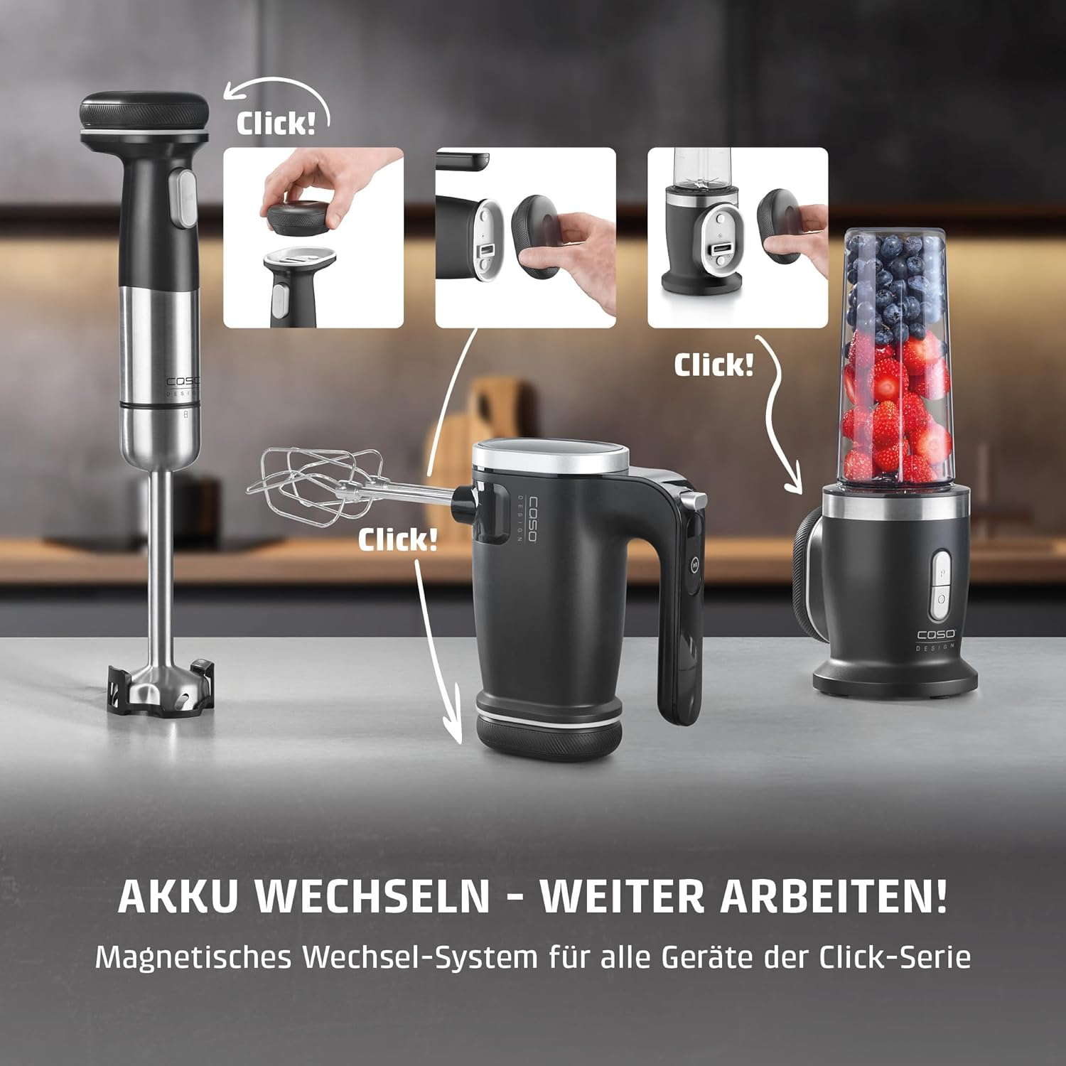 Küchengeräte: Stabmixer, Handmixer und Smoothie-Maker mit Wechselsystem.