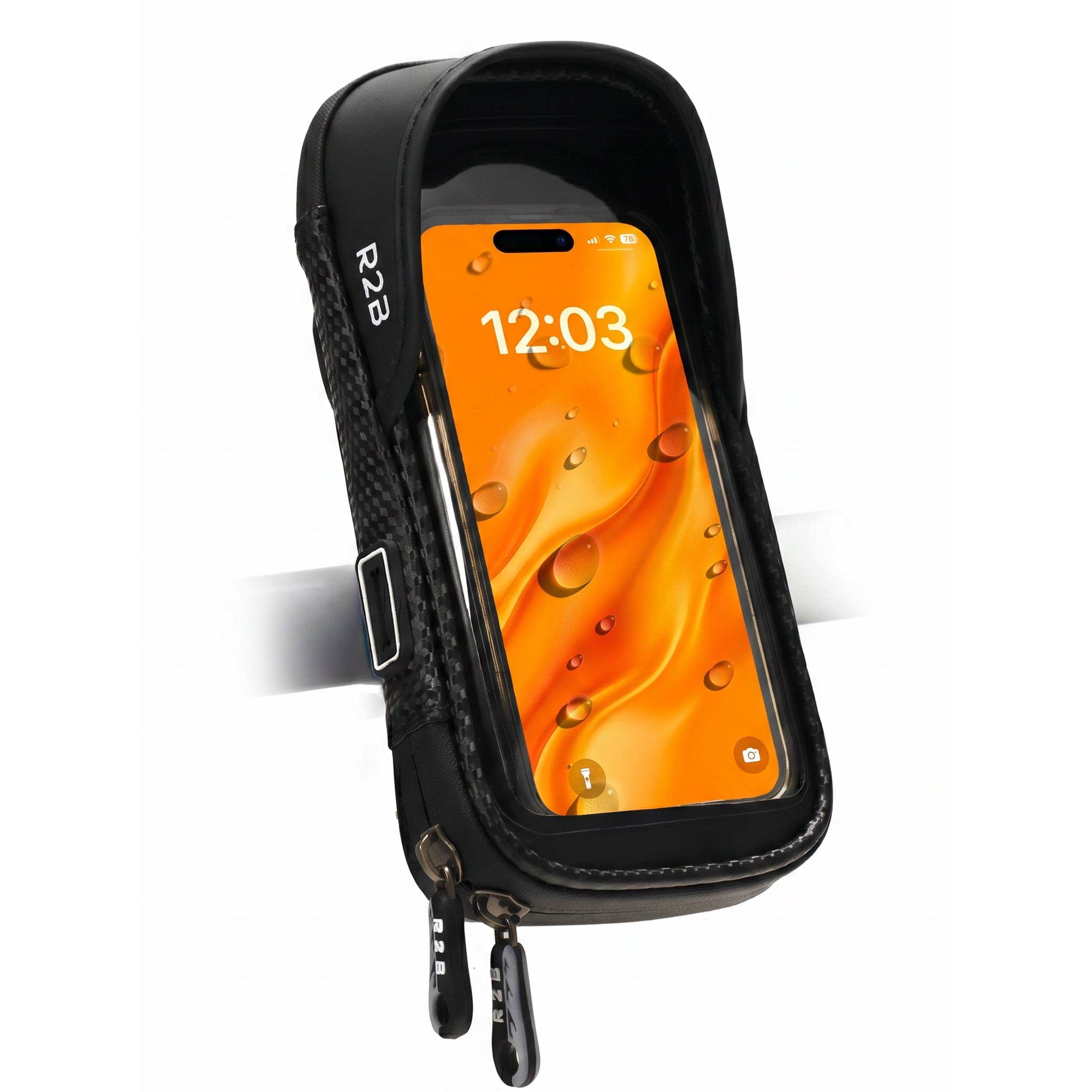 Zwarte fietstas met smartphone scherm dat 12:03 en waterdruppels toont.