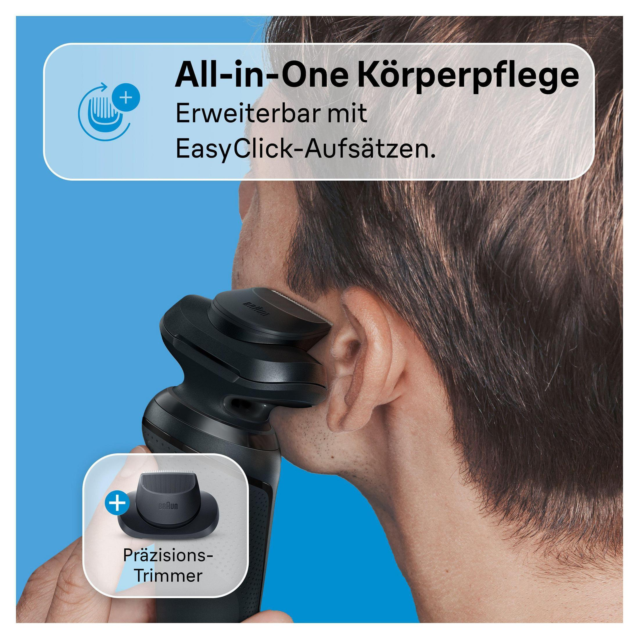 Un uomo si rade il viso con un rasoio Braun nero. Vengono mostrati accessori.
