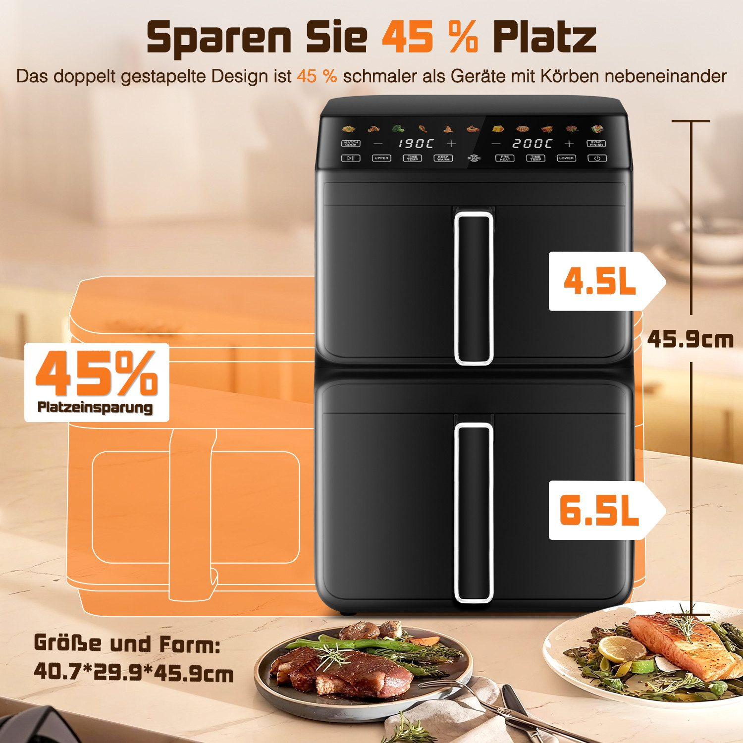 Doppel-Heißluftfritteuse spart 45% Platz, mit 4.5L und 6.5L Körben.