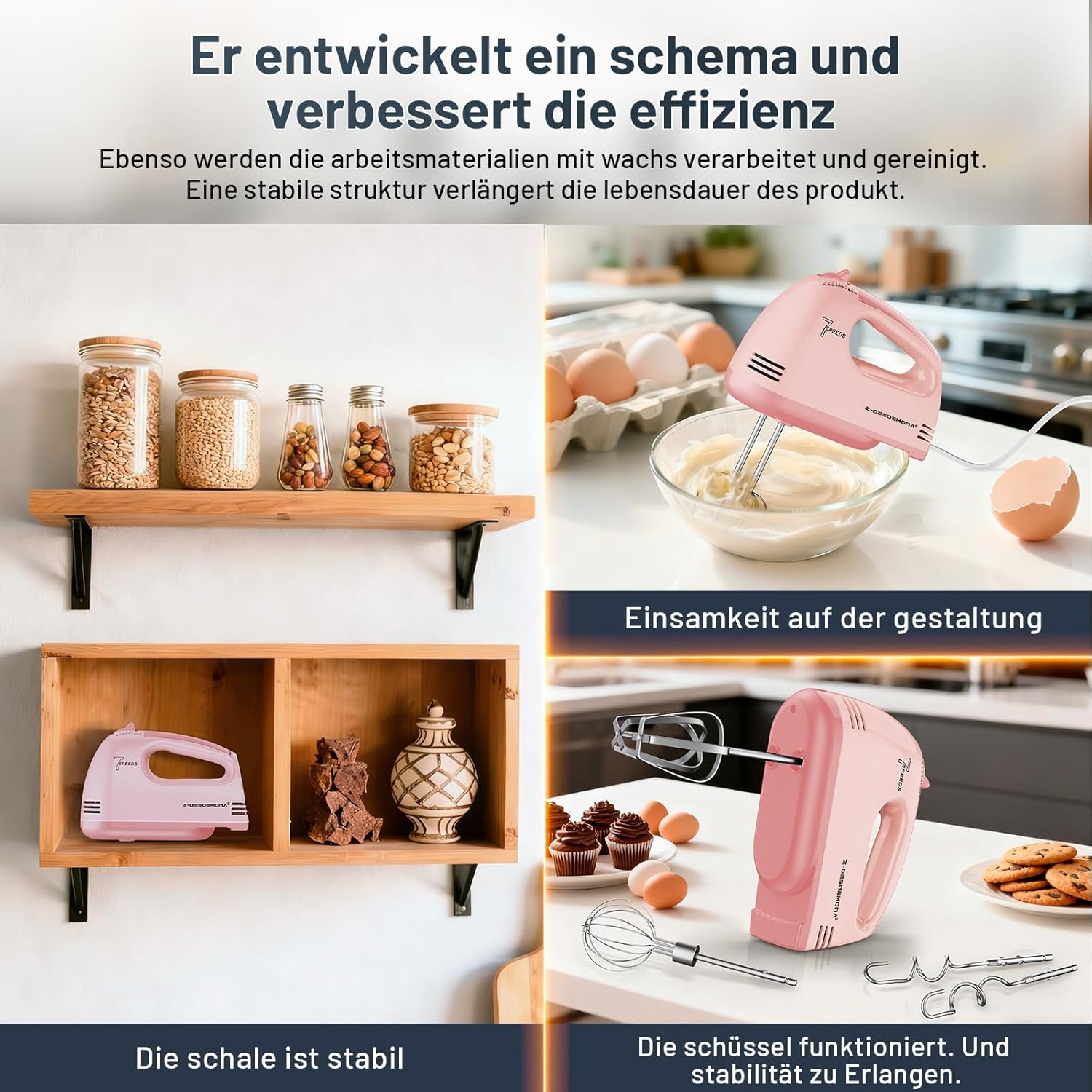 Ein rosa Handmixer wird gezeigt, mit Eiern, Muffins und Keksen.