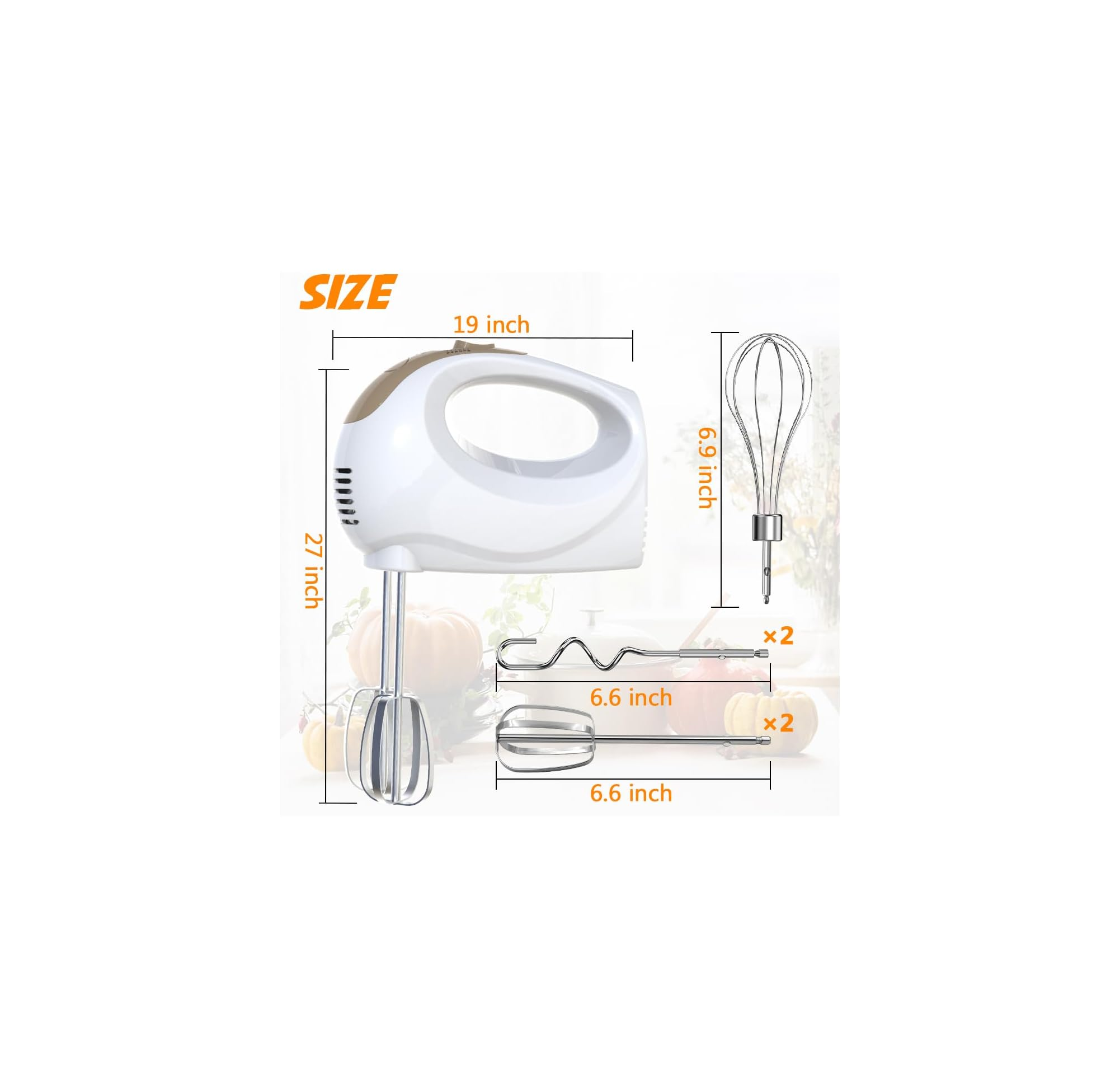 Ein weier und brauner Handmixer mit Zubehör und Maangaben.