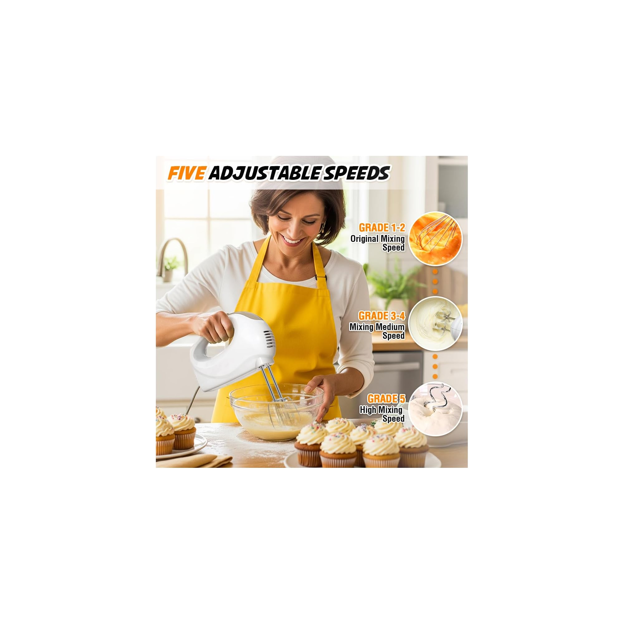 Eine Frau mit gelber Schürze mixt Teig mit einem Handmixer. Daneben sind Cupcakes.