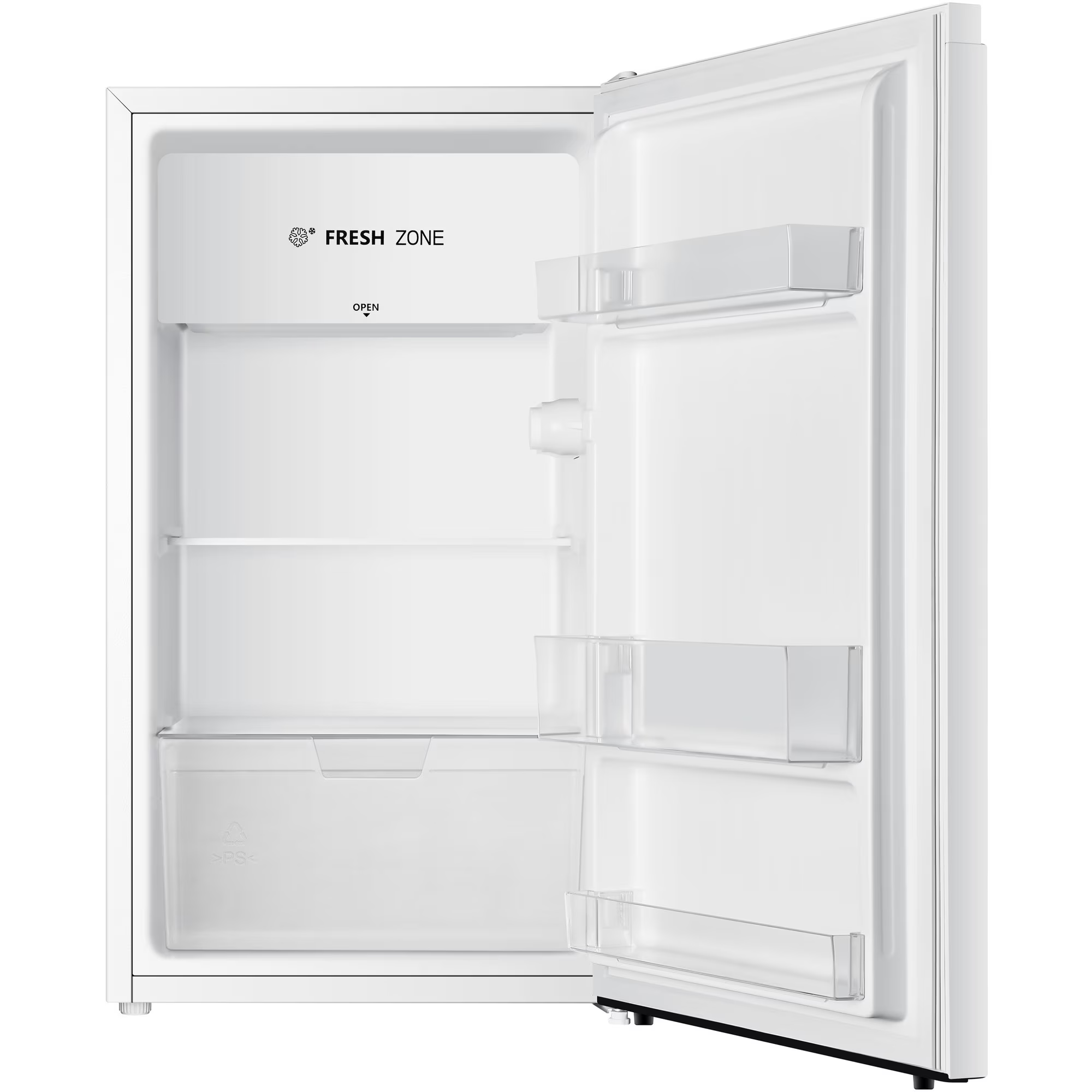 Ein leerer, offener weißer Kühlschrank mit Regalen und einer Schublade.