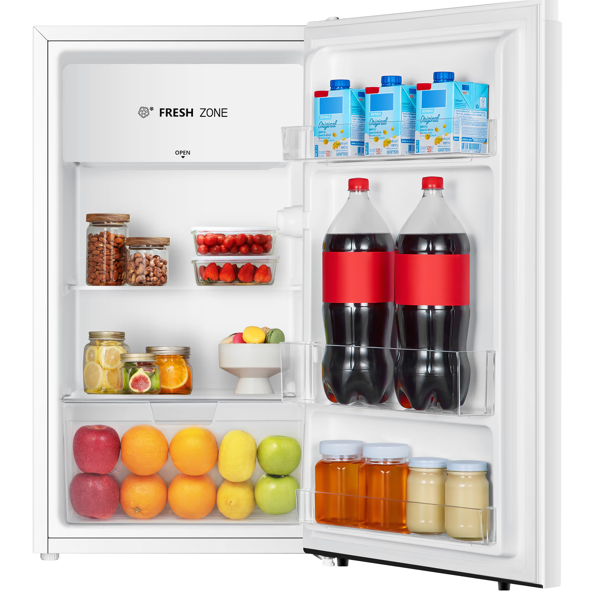 Gefüllter Kühlschrank mit Getränken, Früchten, Nüssen und Sojamilchkartons.