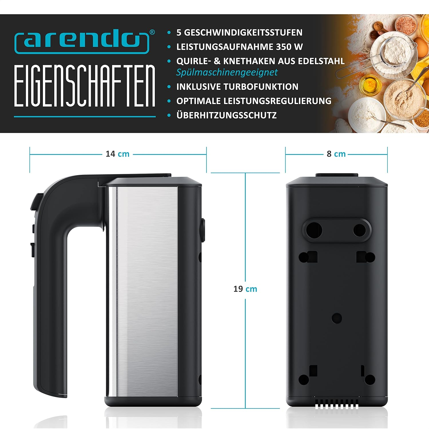 Ein schwarzer Handmixer mit silbernen Akzenten, Maße sind angegeben.
