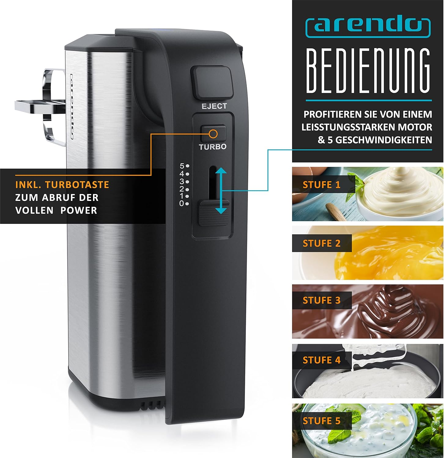 Arendo Handmixer mit Edelstahlgehäuse und Bedienelementen. 5 Geschwindigkeitsstufen.