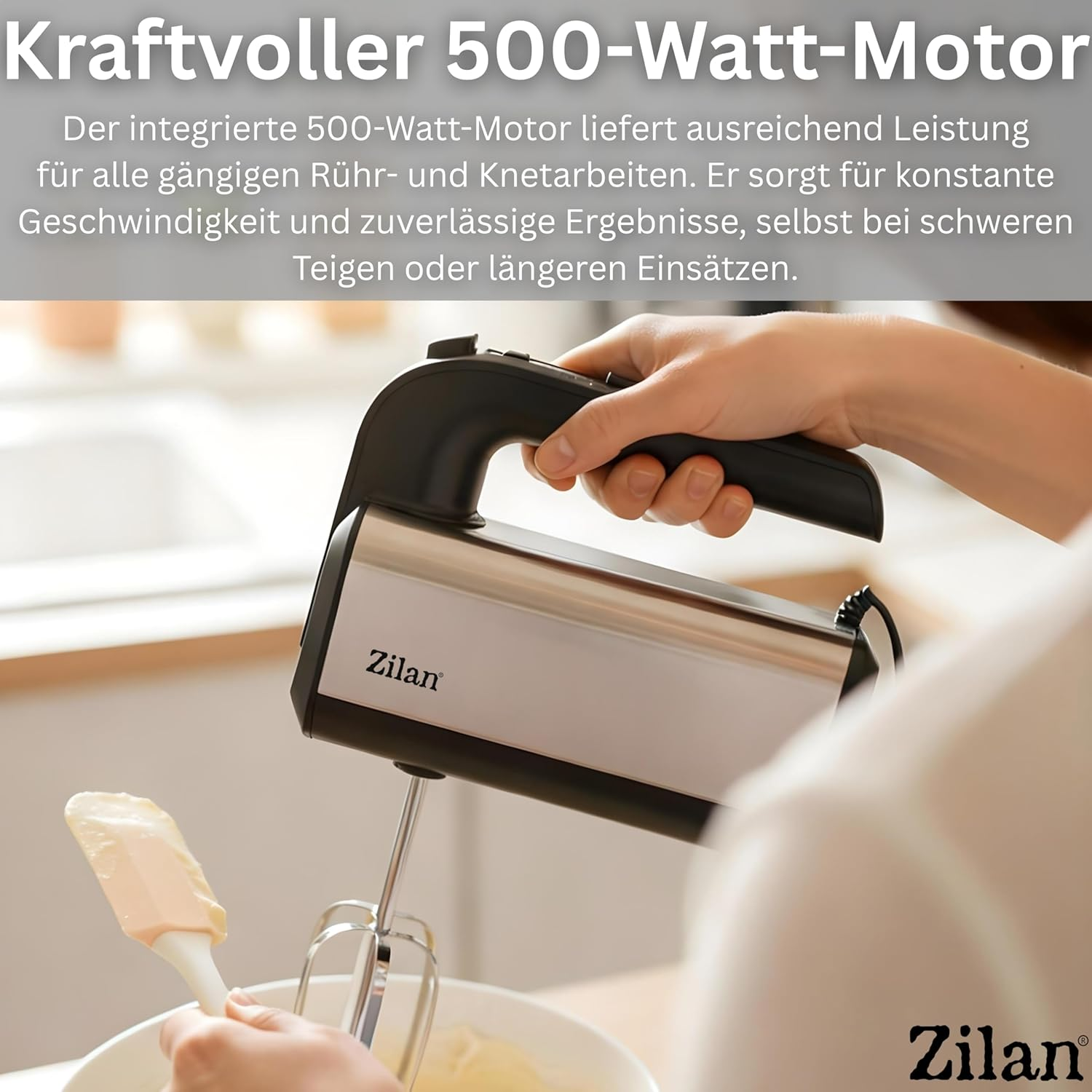 Eine Hand hält einen Zilan Handmixer mit Edelstahlgehäuse über einer Schüssel.