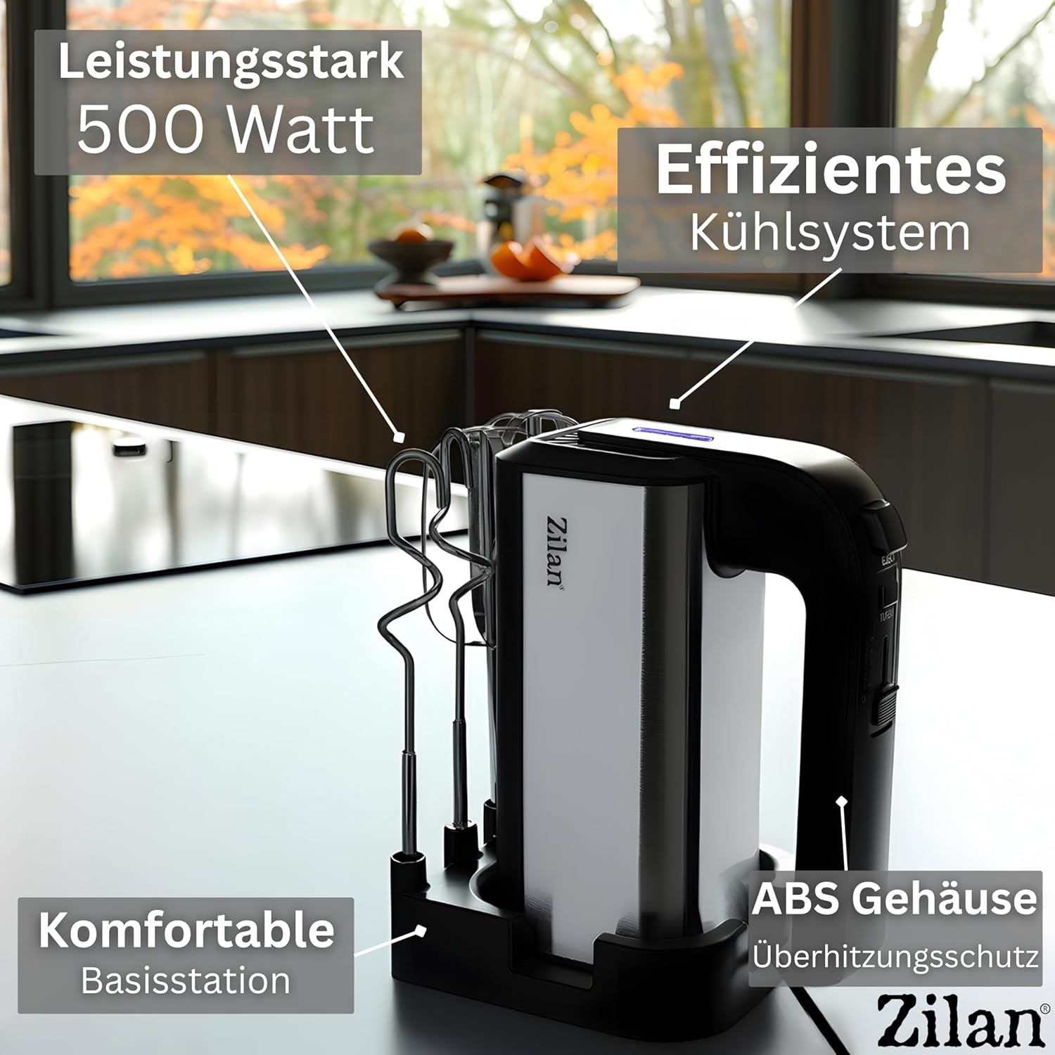 Ein Zilan Handmixer auf einer Basisstation, 500 Watt, Kühlung, ABS-Gehäuse.