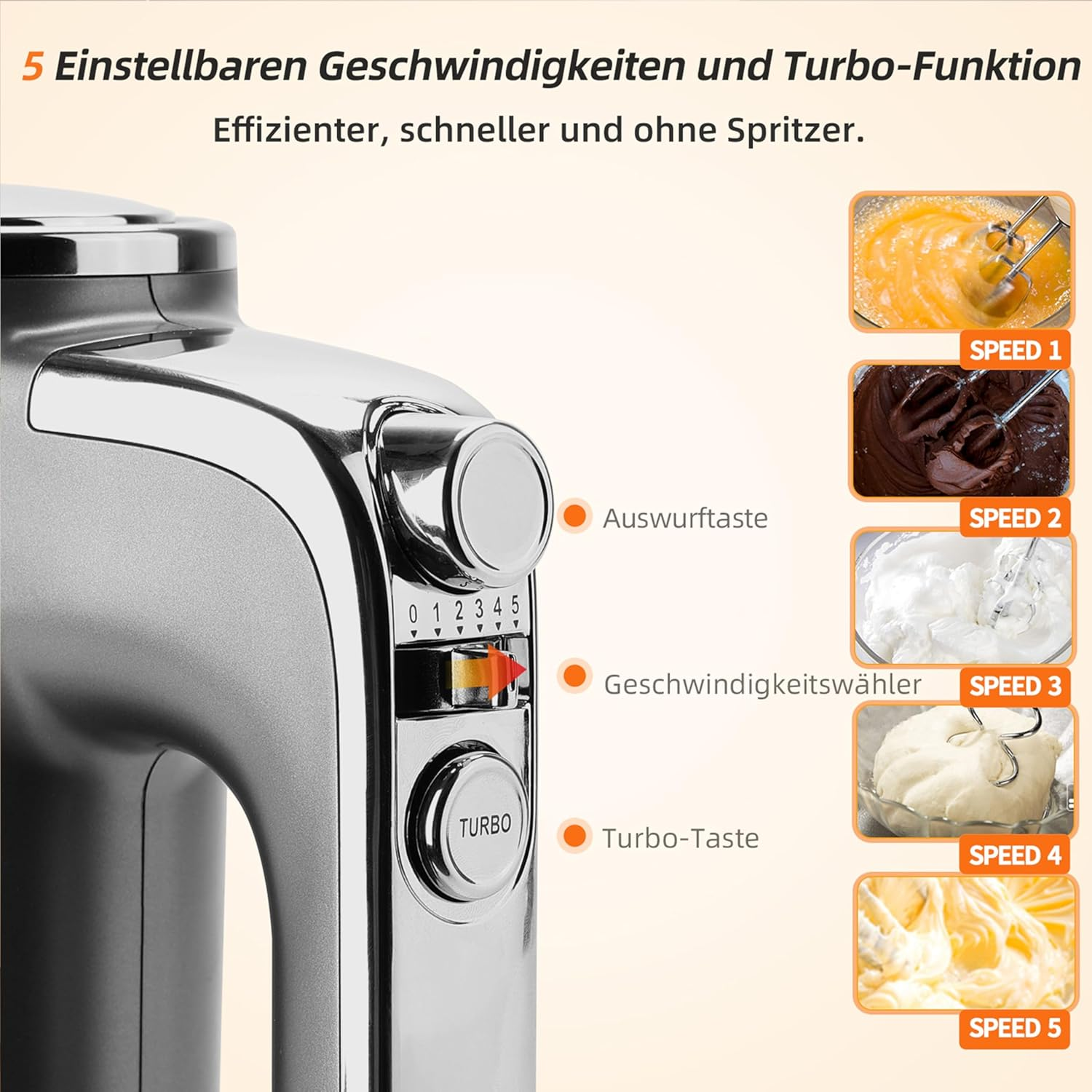 Ein silberner Handmixer mit Geschwindigkeitsregler, Turbo-Taste und fünf Geschwindigkeitsstufen.