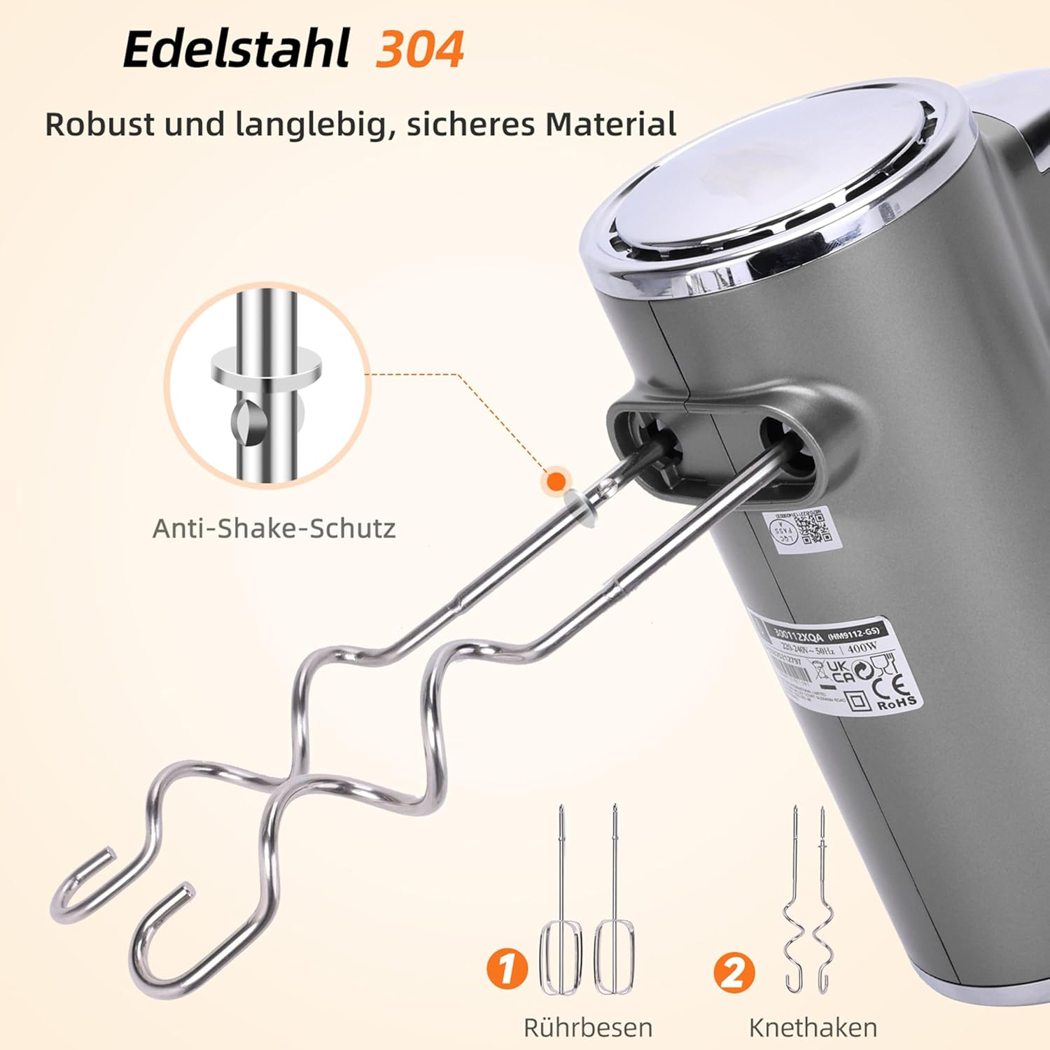 Grauer Handmixer mit Edelstahl-Rührbesen und Knethaken. "Edelstahl 304".