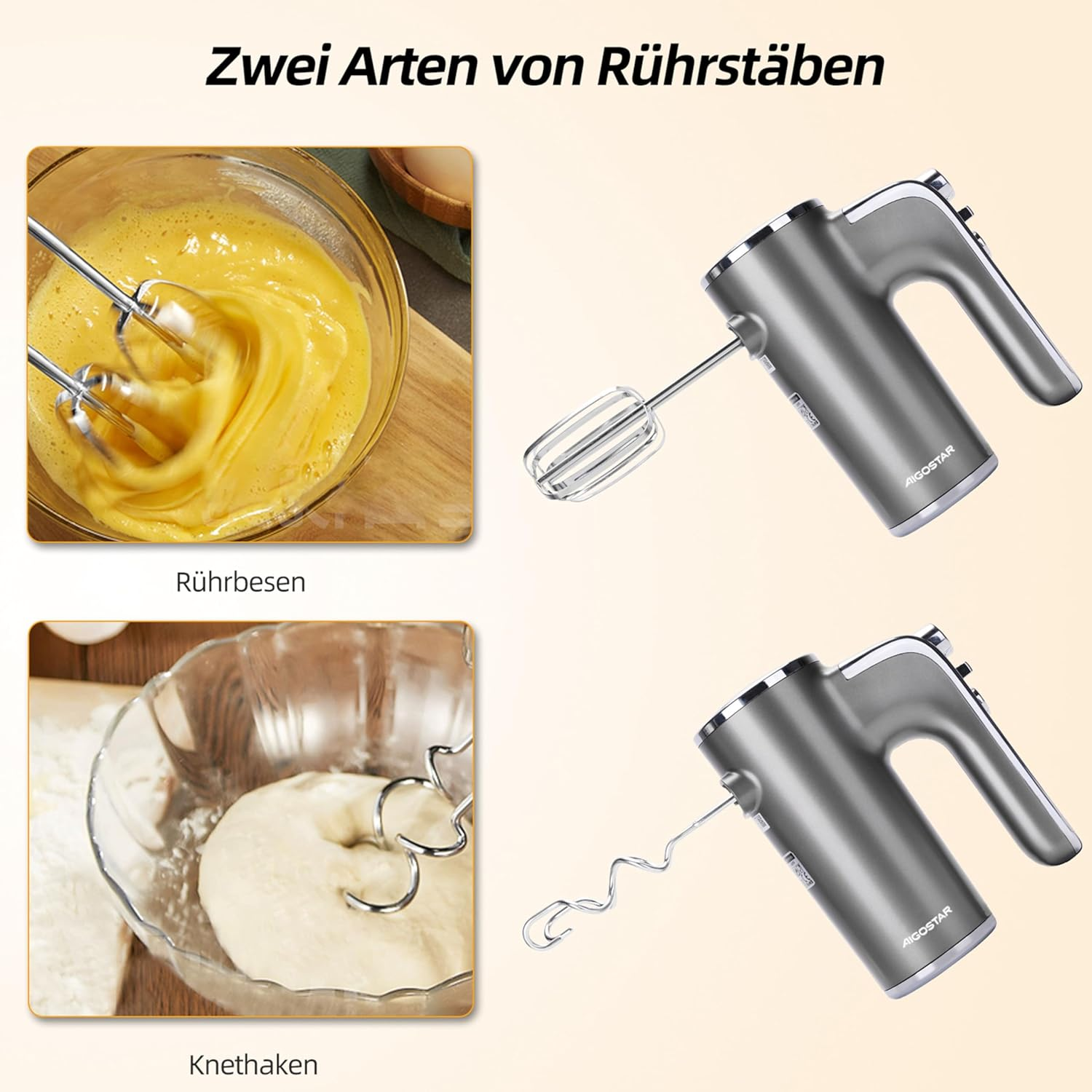 Küchenmixer mit Rührbesen zum Schlagen von Eiern und Knethaken für Teig.