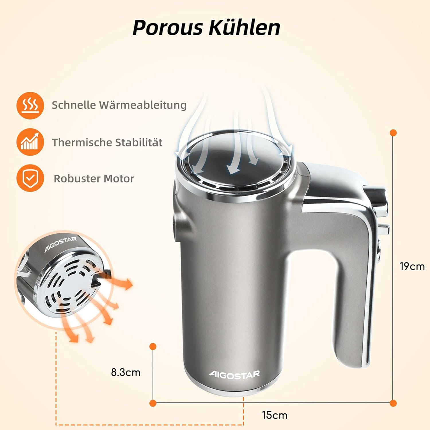 Grauer Aigostar Mixer mit Kühlfunktion, Maße 15x8.3x19cm.