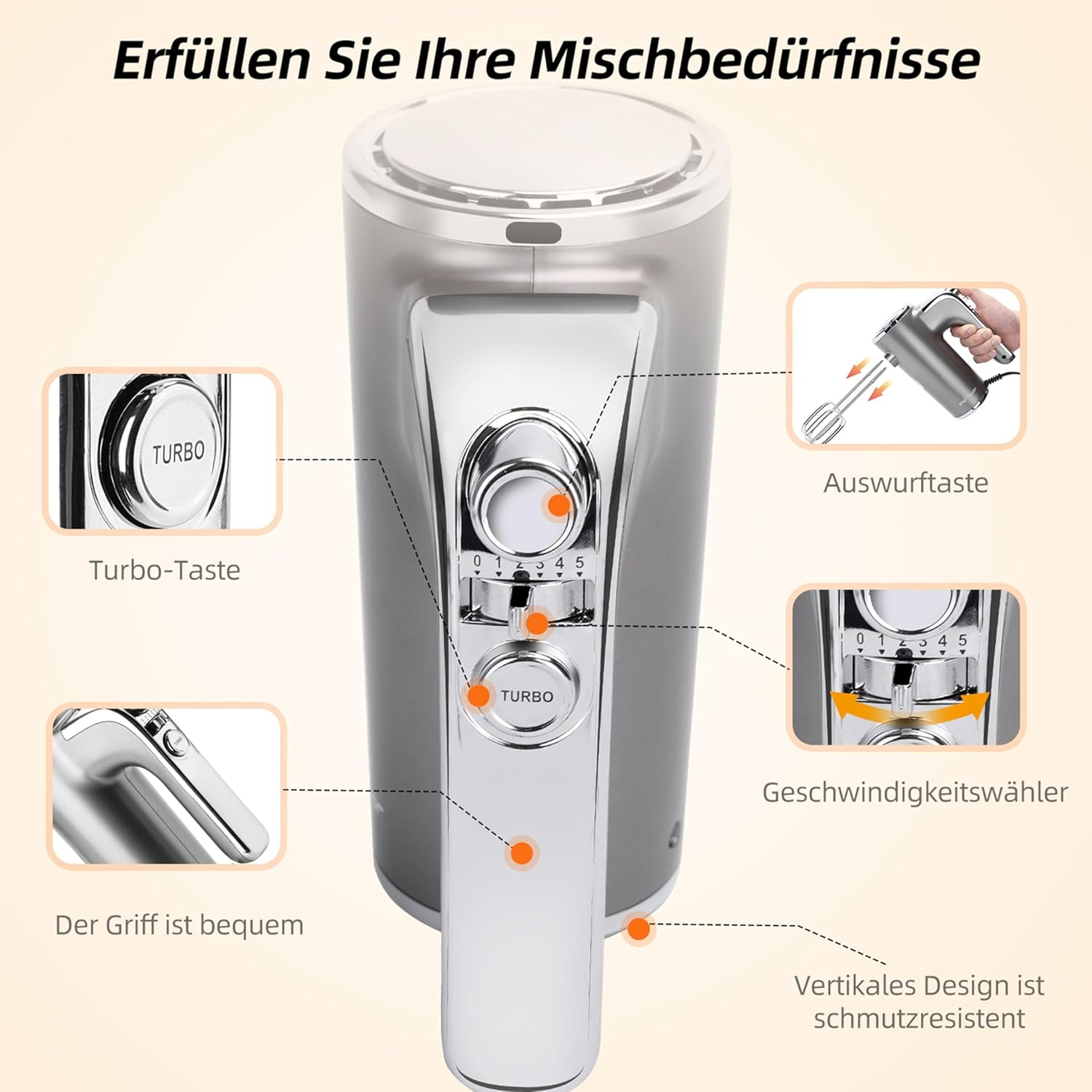 Ein silberner Handmixer mit Details wie Turbo-Taste, Auswurftaste und Geschwindigkeitswähler.