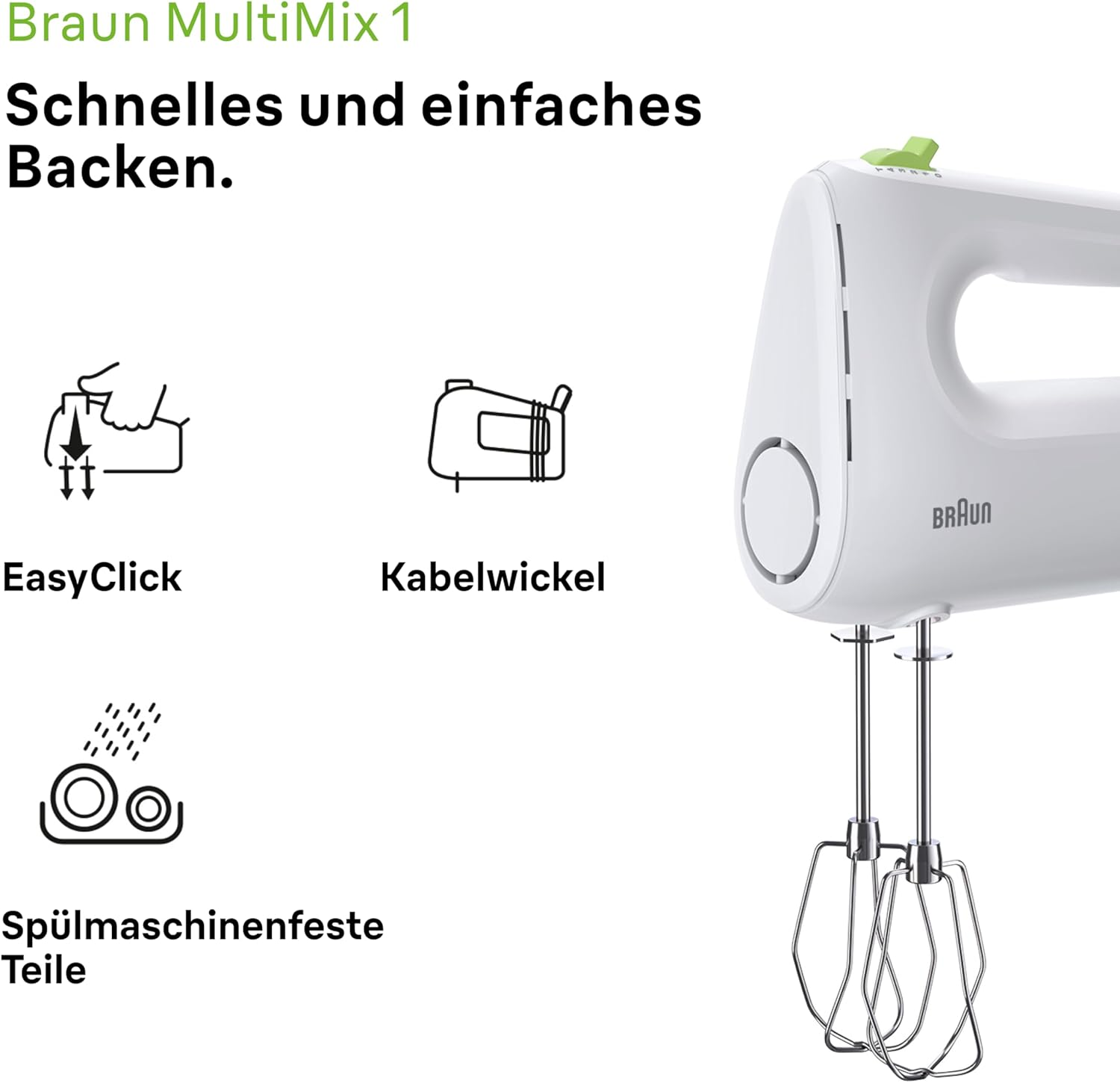 Ein weier Braun Handmixer mit 2 Schlagbesen, Beschriftungen und Icons.