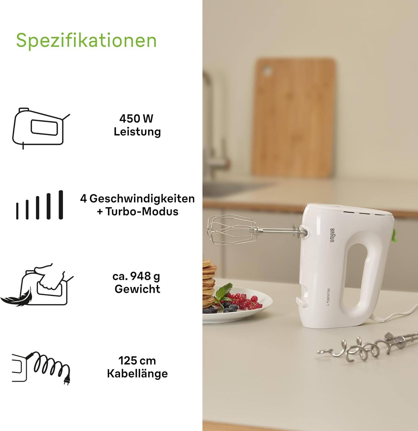 Weier Handmixer mit Zubeh0r, Spezifikationen und Obst auf dem Tisch.