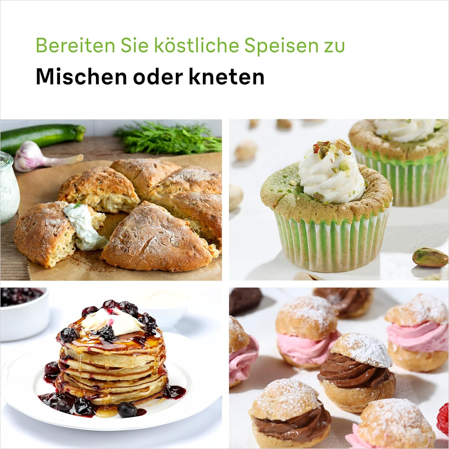 Vier Bilder: Brot, Muffins, Pfannkuchen, Windbeutel.