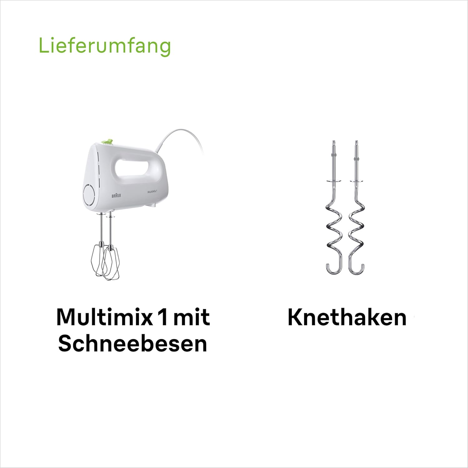 Ein weißer Handmixer mit Schneebesen und Knetenhaken.