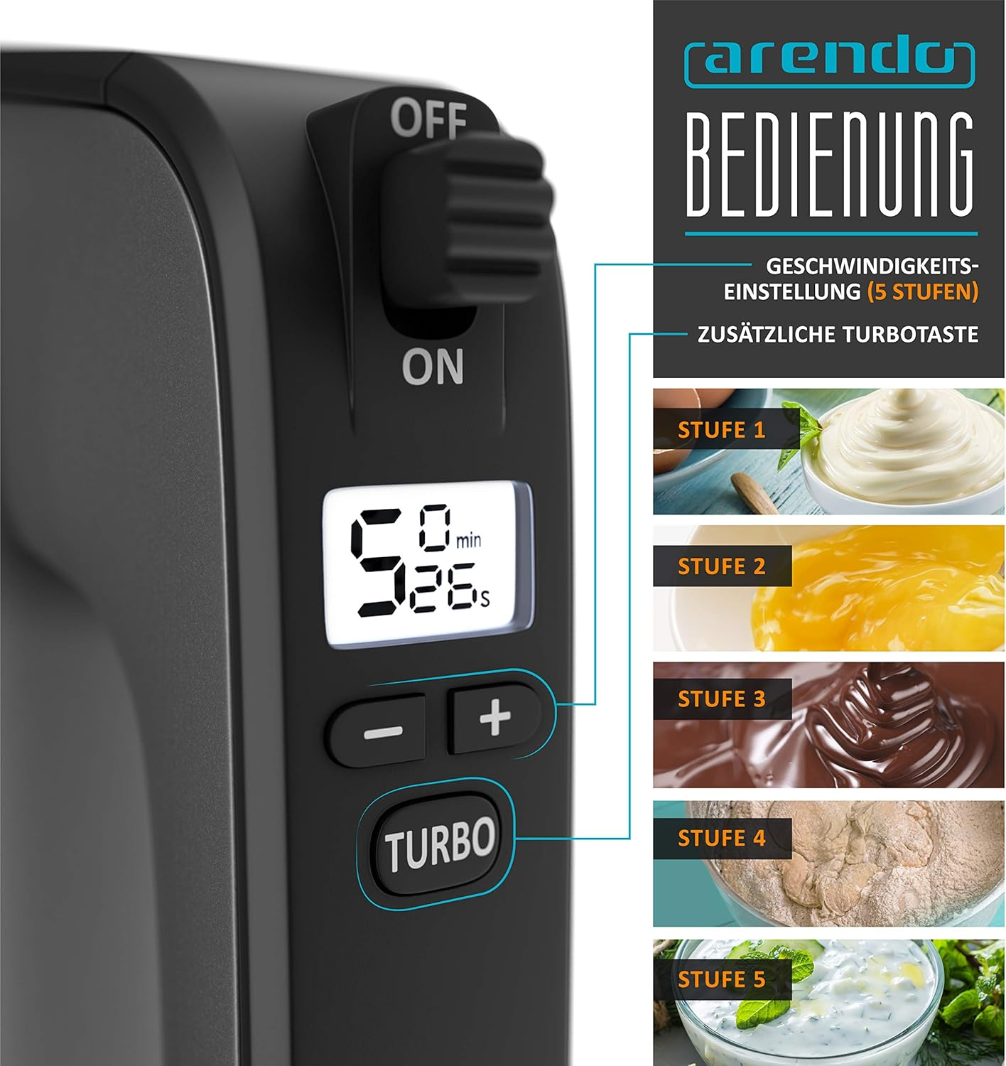 Nahaufnahme eines schwarzen Mixers mit digitalen Anzeigen, Bedienelementen und Bildern von Lebensmitteln.