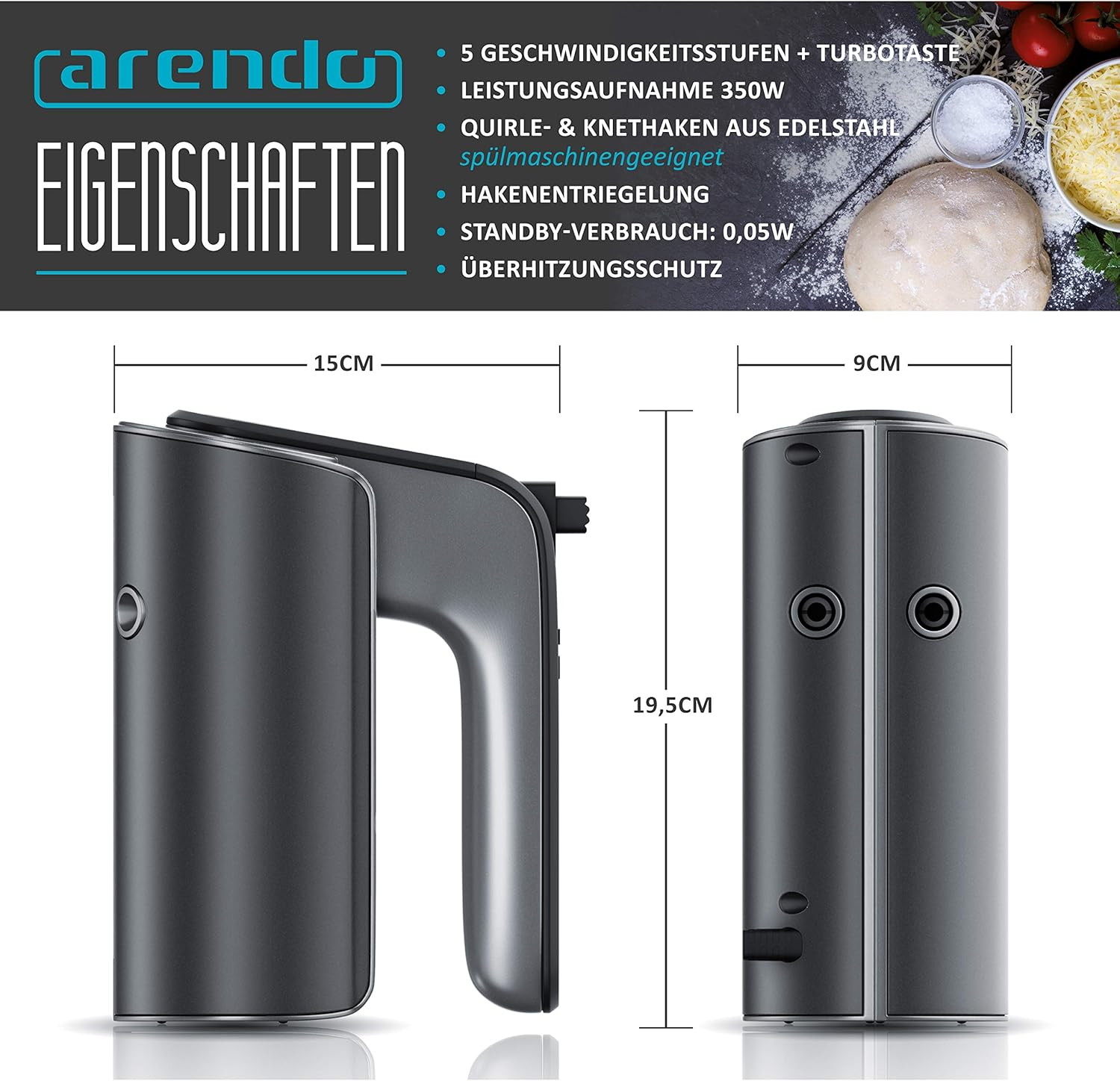 Grauer Handmixer mit Zubehör, Maße 15x9x19,5cm. Eigenschaften aufgelistet.