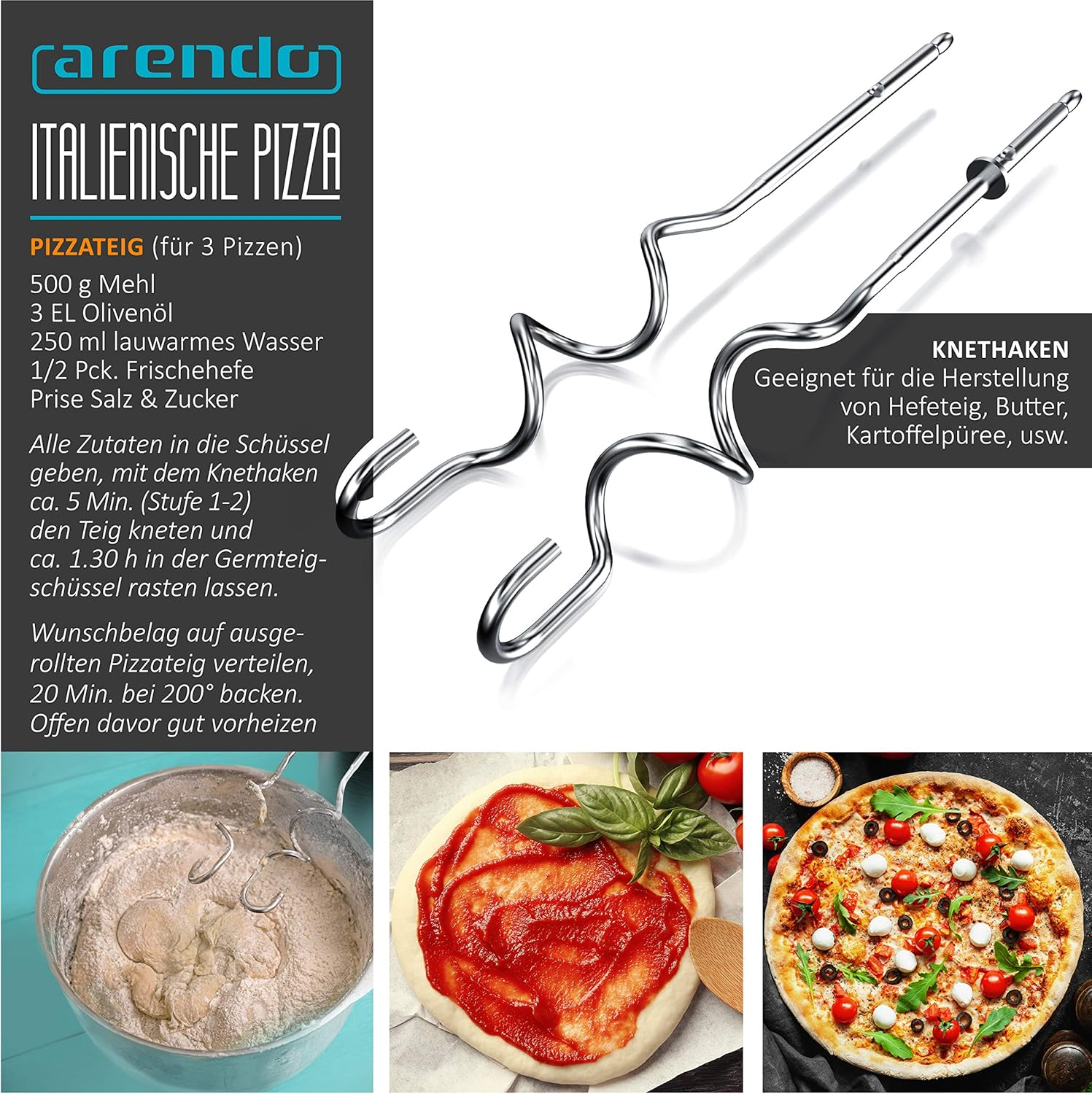 Ein Rezept für italienische Pizza mit Knethaken und drei Bildern von Teig und Pizza.