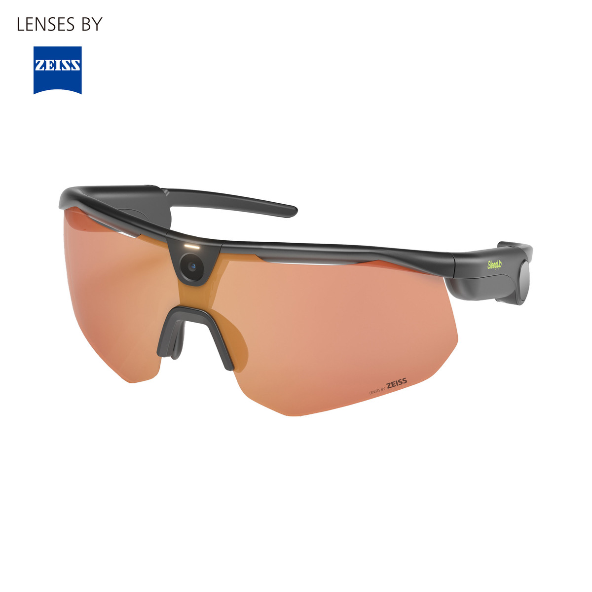 Schwarze Sportbrille mit orangefarbenen Gläsern, Kamera und "Sleeptup"-Logo.