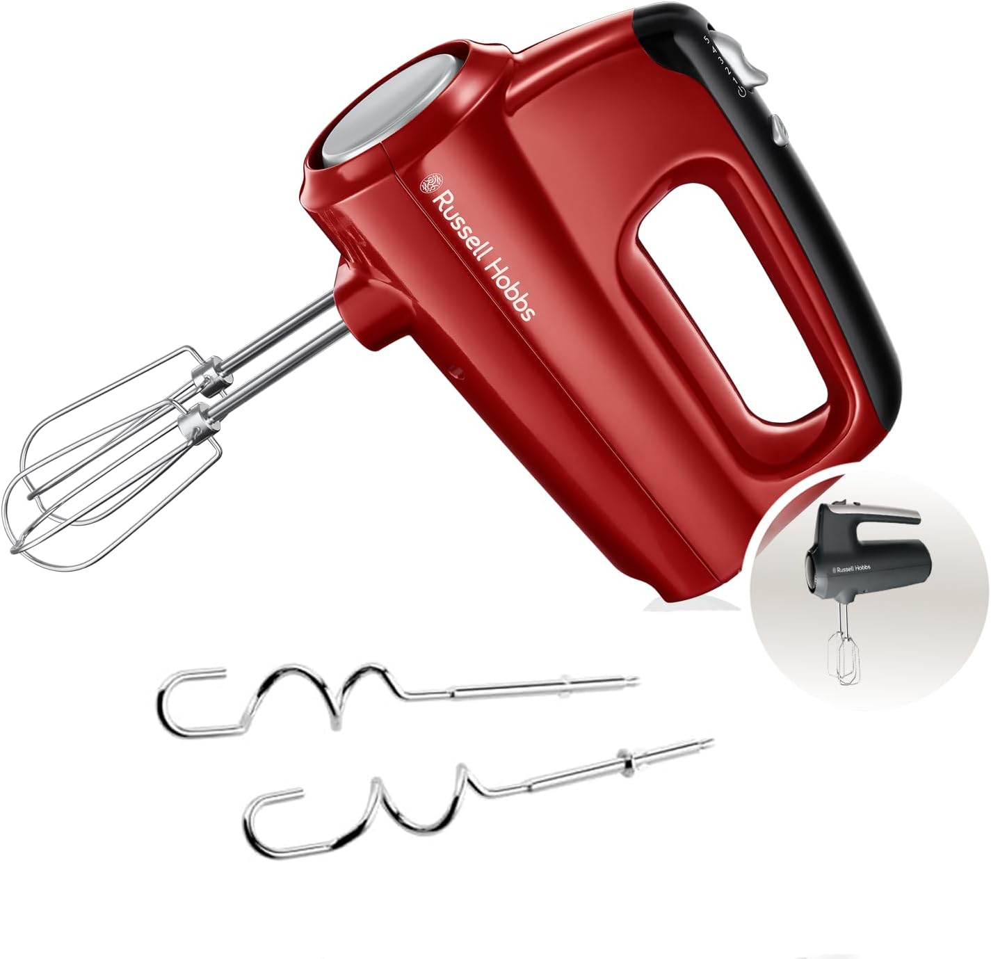 Ein roter Handmixer von Russell Hobbs mit Schneebesen und Knethaken.