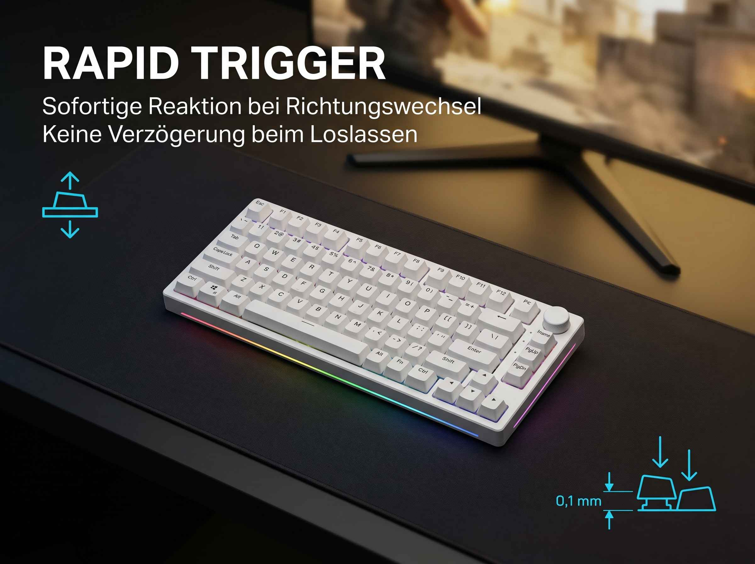 Weiße Tastatur mit RGB-Beleuchtung und Text über "Rapid Trigger".