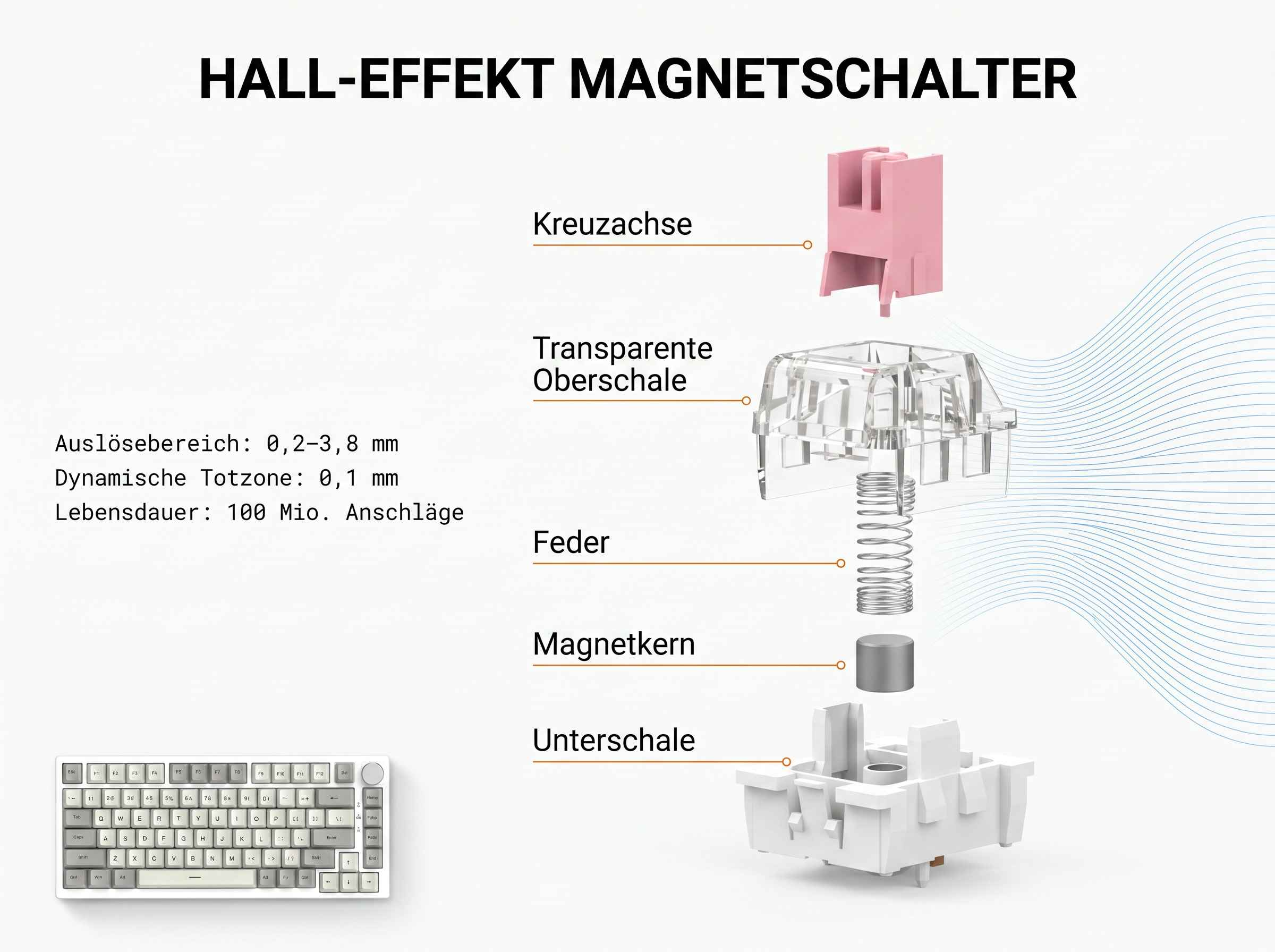 Explosionszeichnung eines Hall-Effekt-Schalters mit Tastatur.