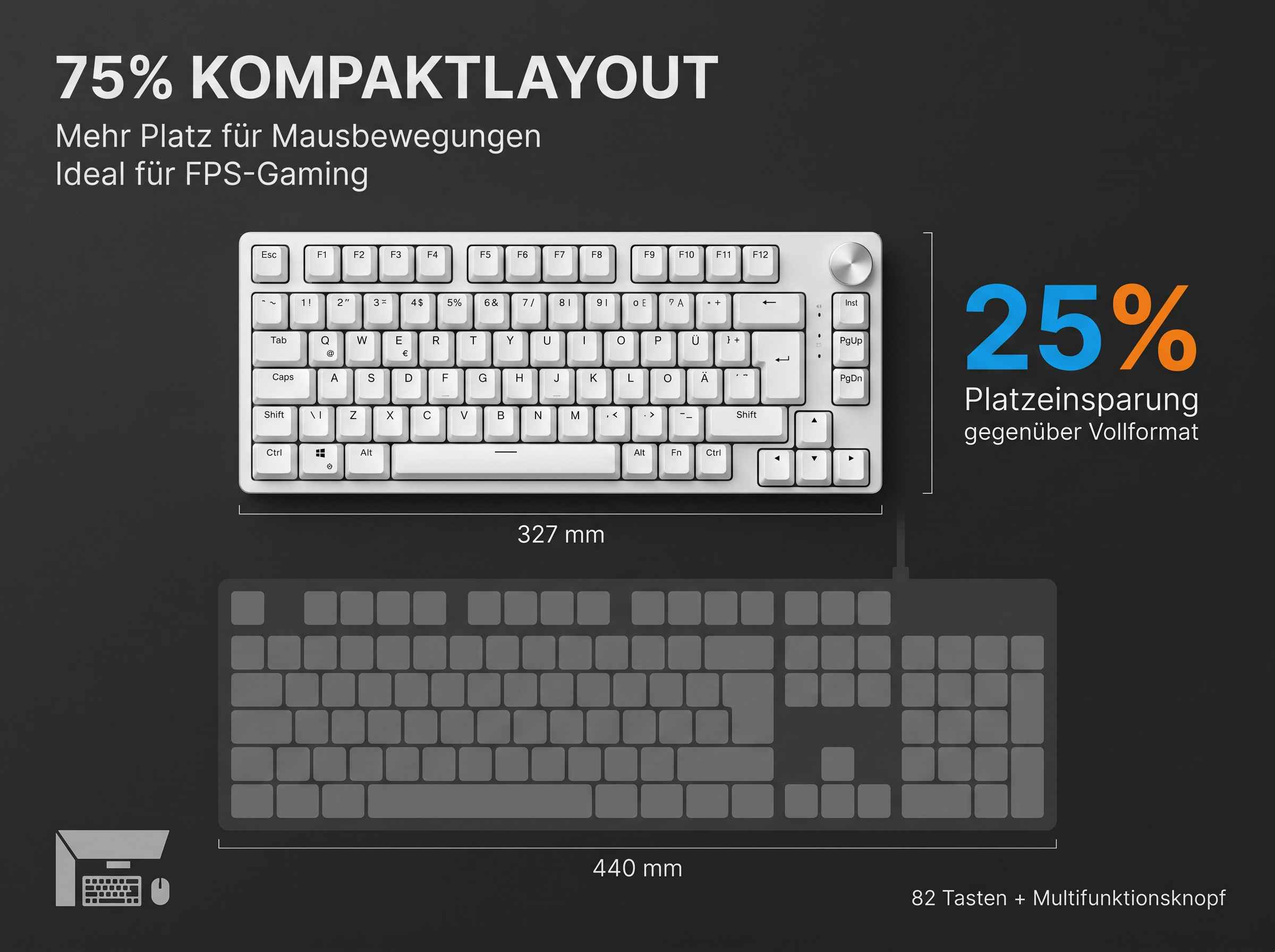 Kompakte Tastatur mit 82 Tasten und Drehregler. Daneben ein Vollformat-Layout.