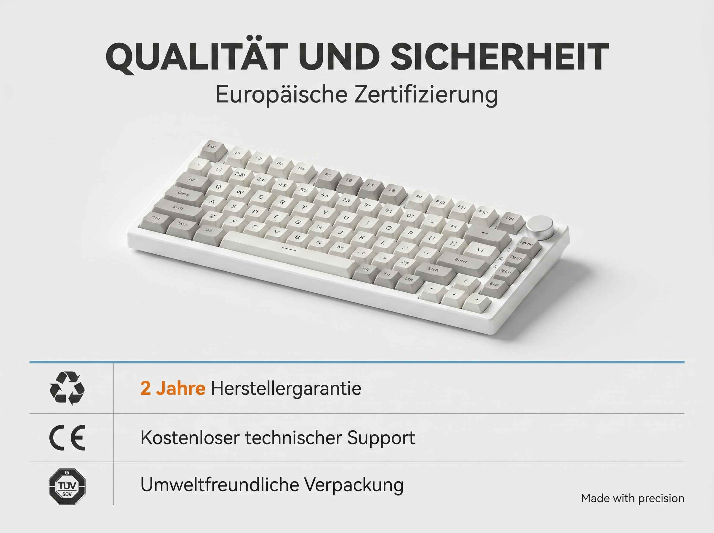Weiße Tastatur mit deutscher Beschriftung, CE-Zeichen und TUV-Siegel.