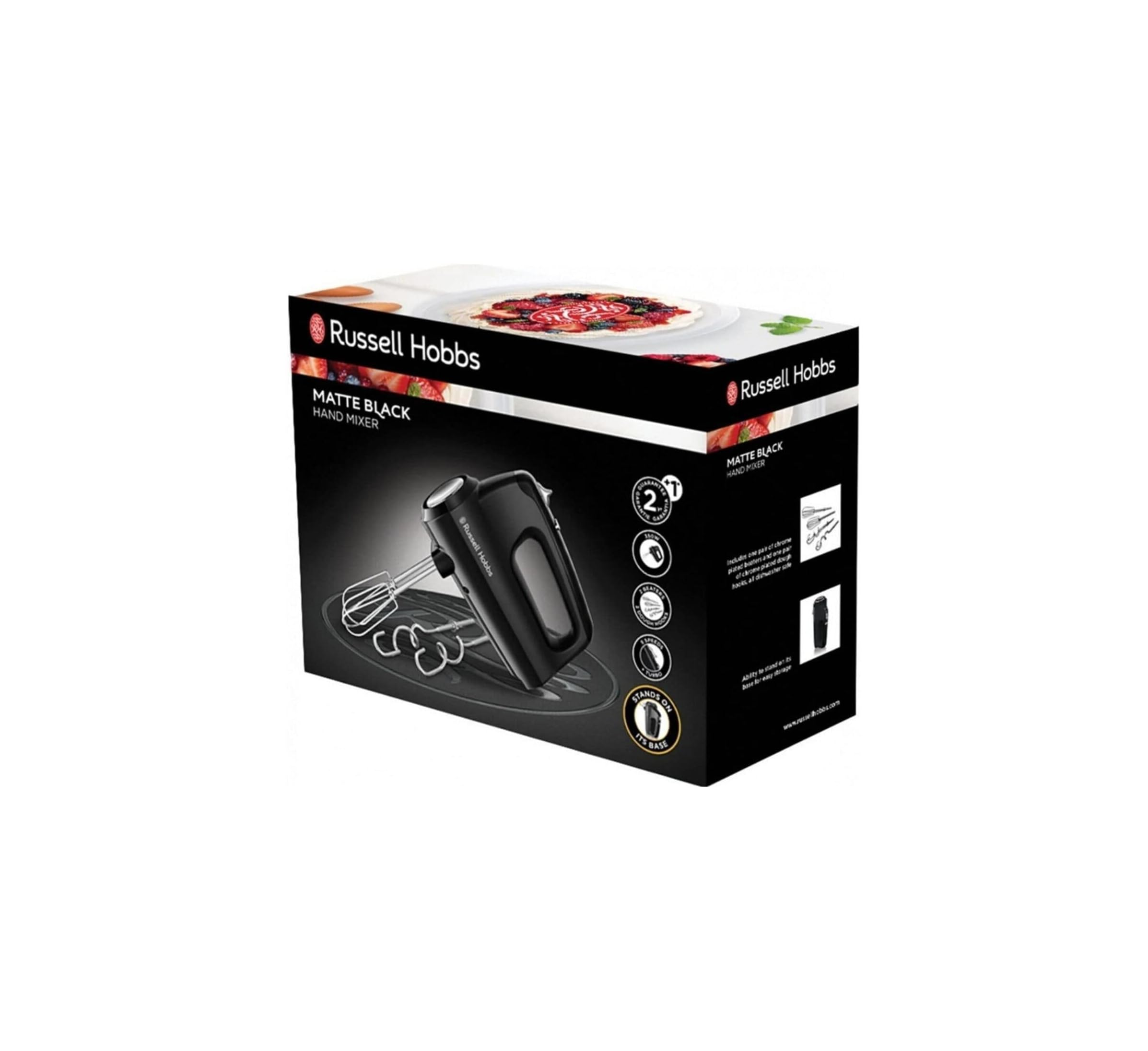 Mattschwarzer Handmixer von Russell Hobbs auf Verpackung mit Früchten abgebildet.