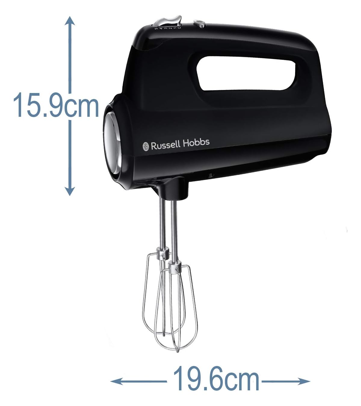 Schwarzer Handmixer von Russell Hobbs mit 2 Rührbesen. Maße: 15,9cm H, 19,6cm B.