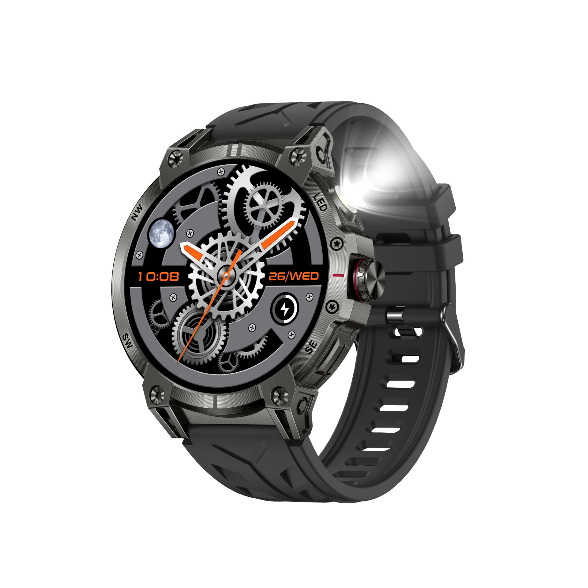 Schwarze Smartwatch mit Zahnrädern, Mondanzeige und orangefarbenen Akzenten.
