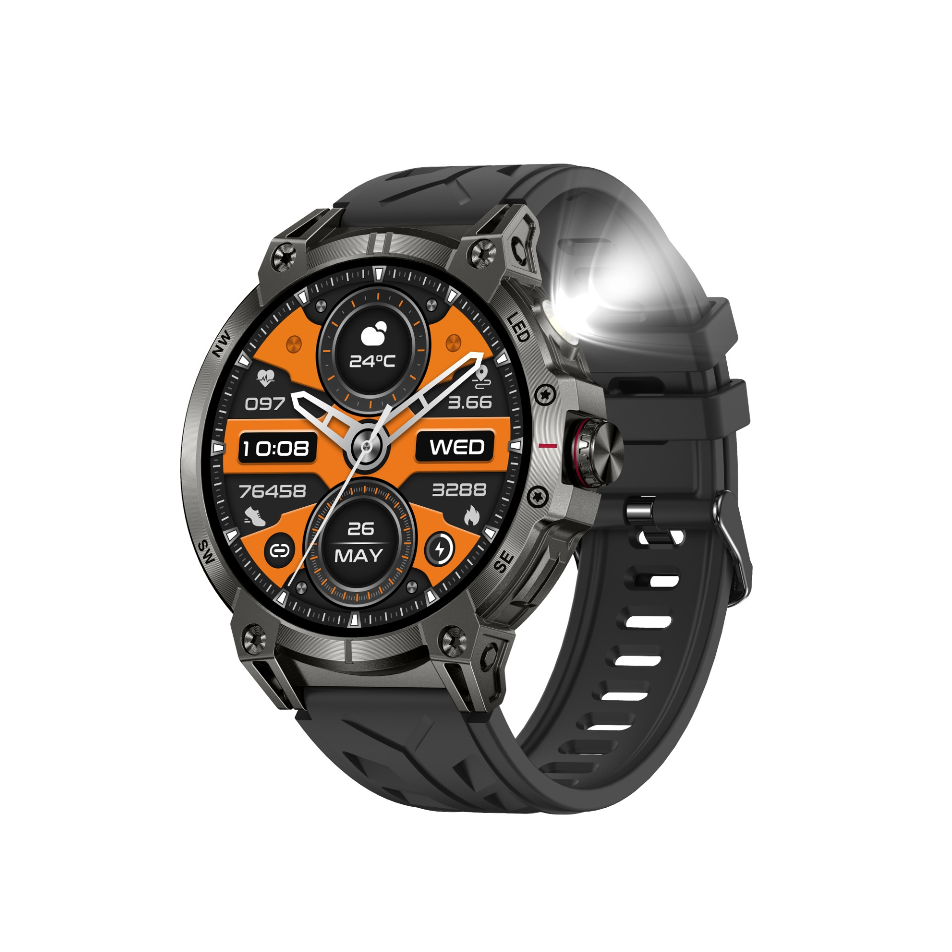 Robuste schwarze Smartwatch mit orangefarbenem Zifferblatt, zeigt 10:08 Uhr, 24°C, 26. Mai, 3288 Schritte.