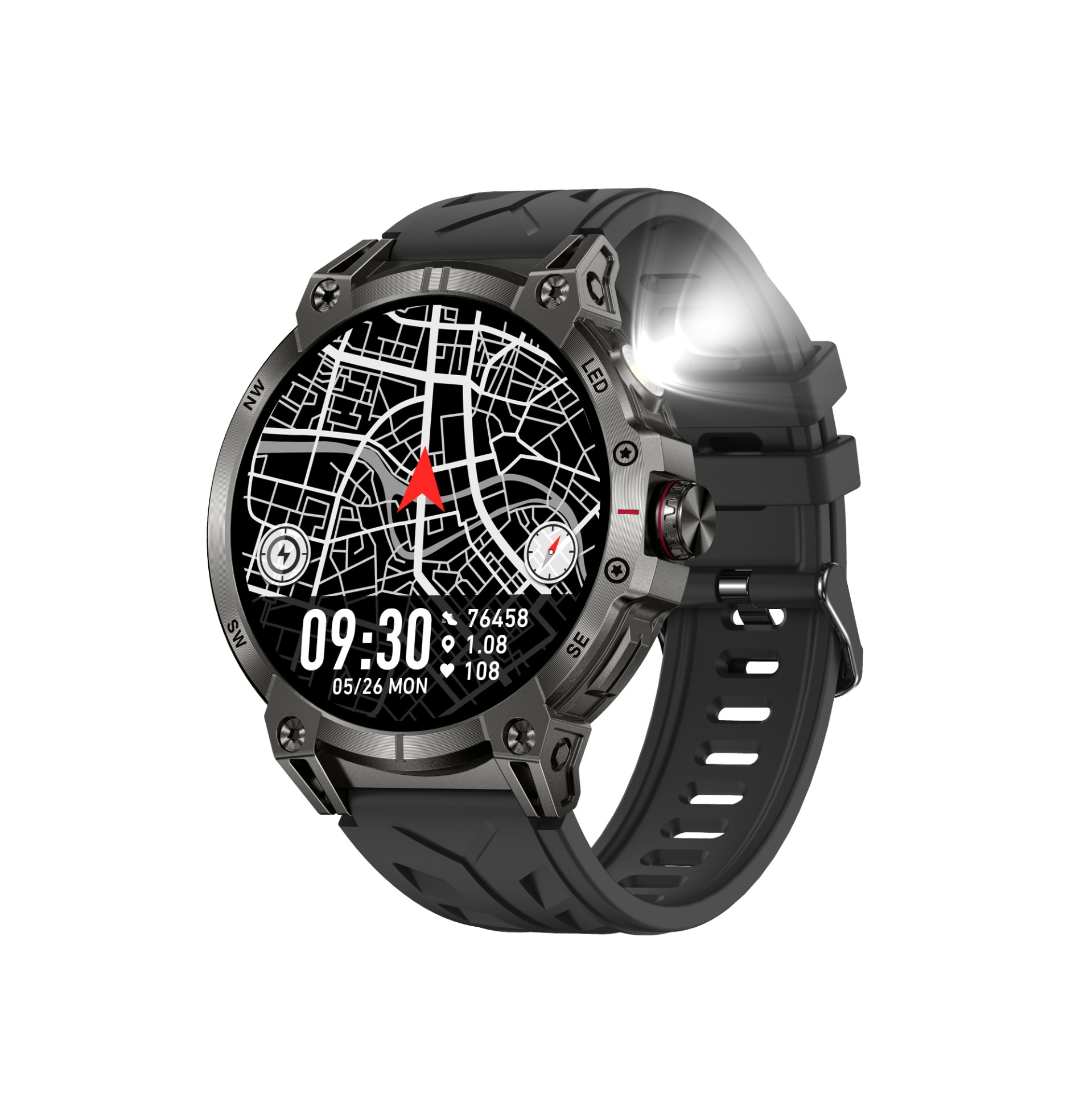 Eine robuste Smartwatch zeigt eine Karte, Zeit 09:30, Datum 05/26, Statistiken.
