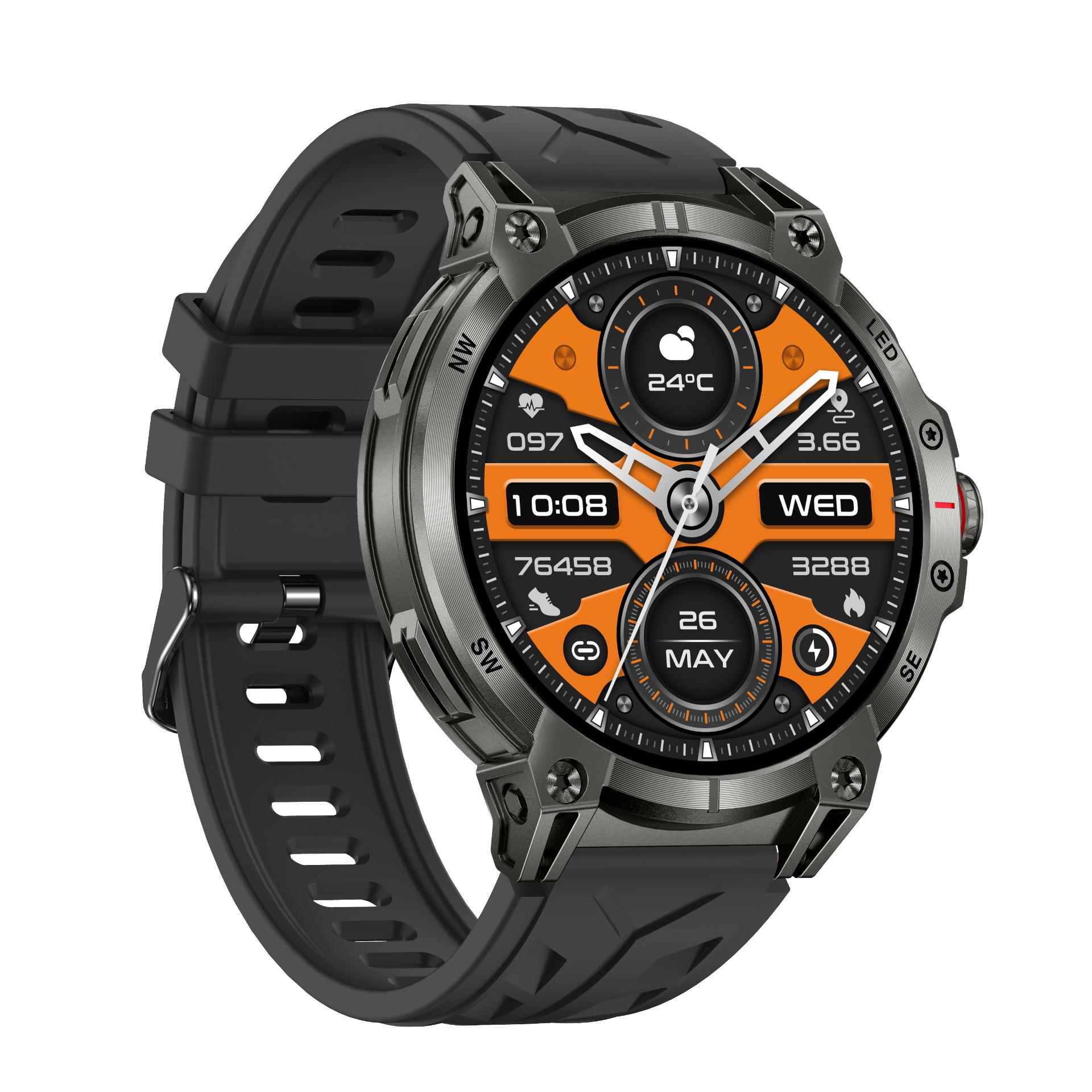 Eine schwarze Smartwatch mit orangefarbenem Zifferblatt, das 10:08 Uhr, 24°C und das Datum anzeigt.
