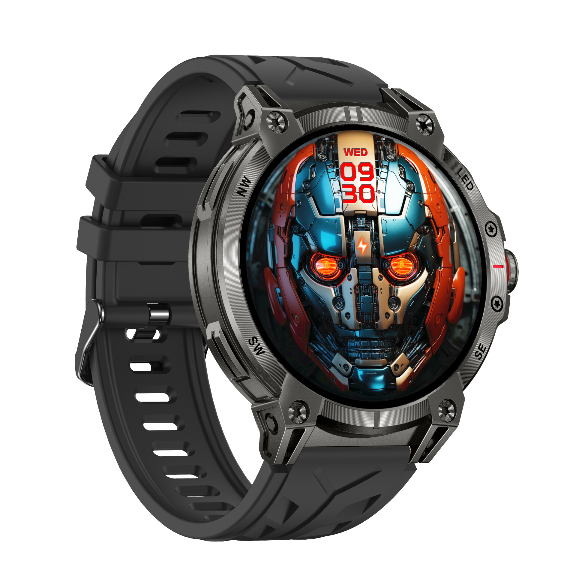 Eine robuste Smartwatch mit schwarzem Band zeigt ein futuristisches Robotergesicht.