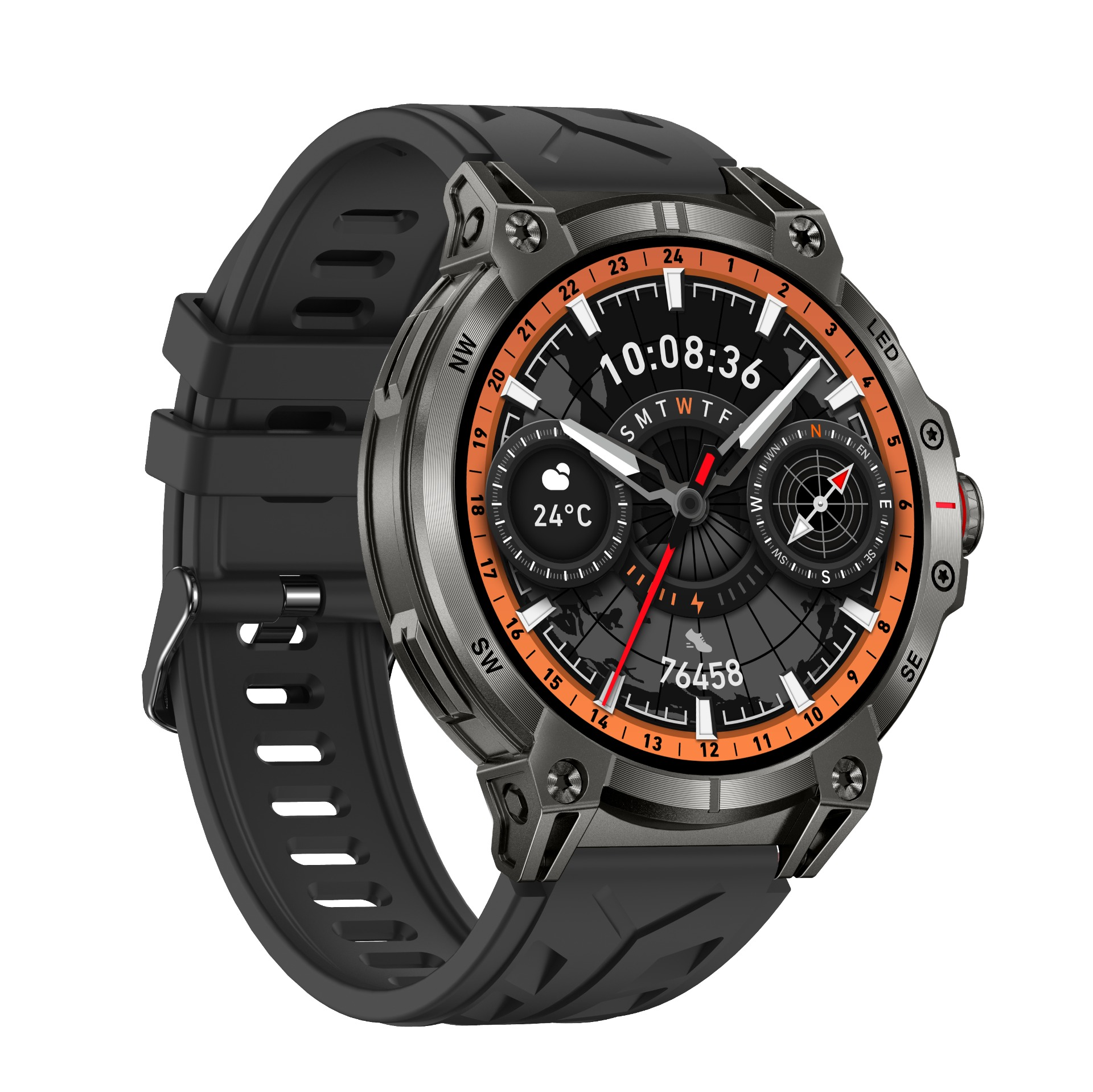 Eine schwarze Smartwatch mit digitalem Zifferblatt, das Zeit, Datum, Temperatur und einen Kompass anzeigt.
