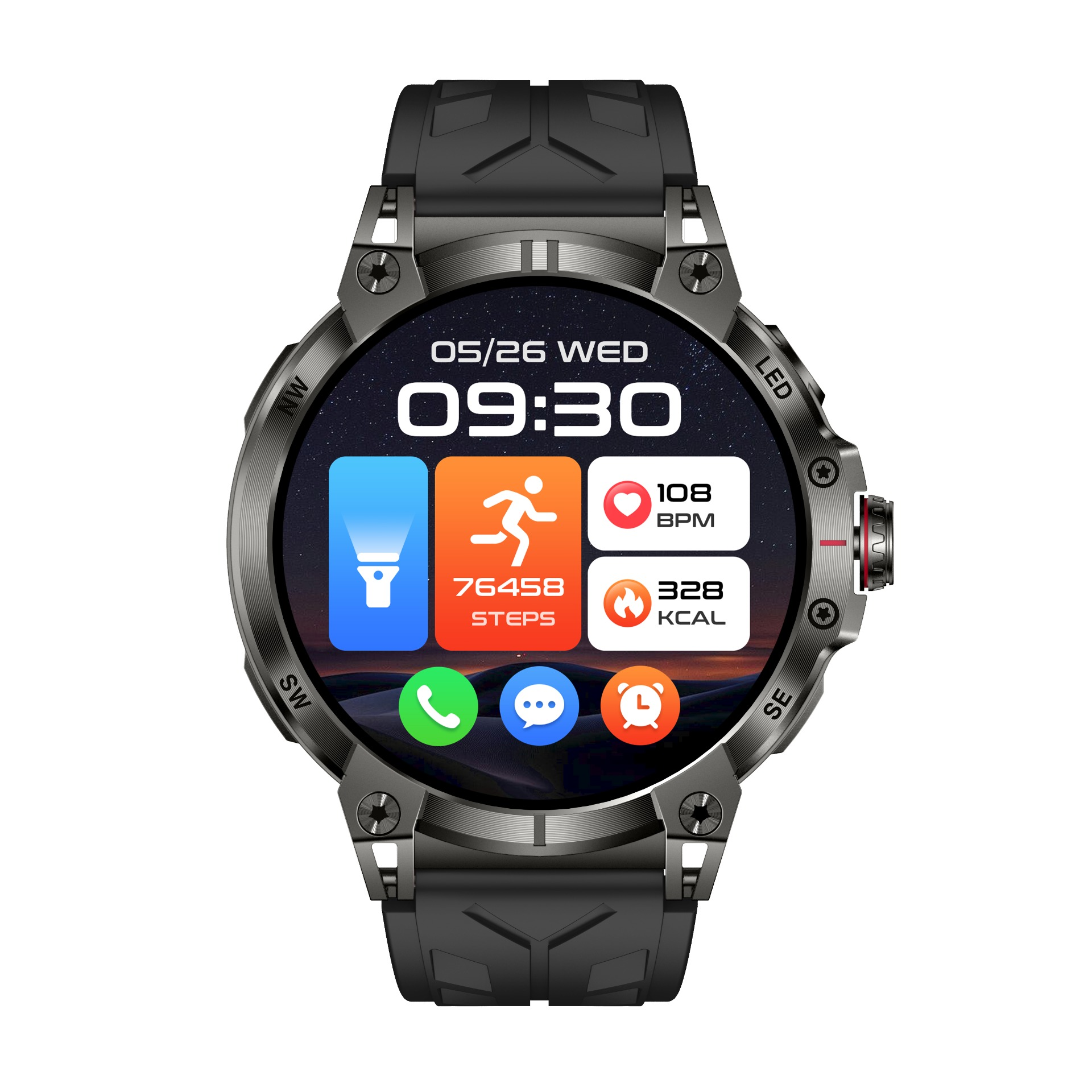 Eine graue Smartwatch zeigt 09:30, 76458 Schritte, 108 BPM und 328 kcal.