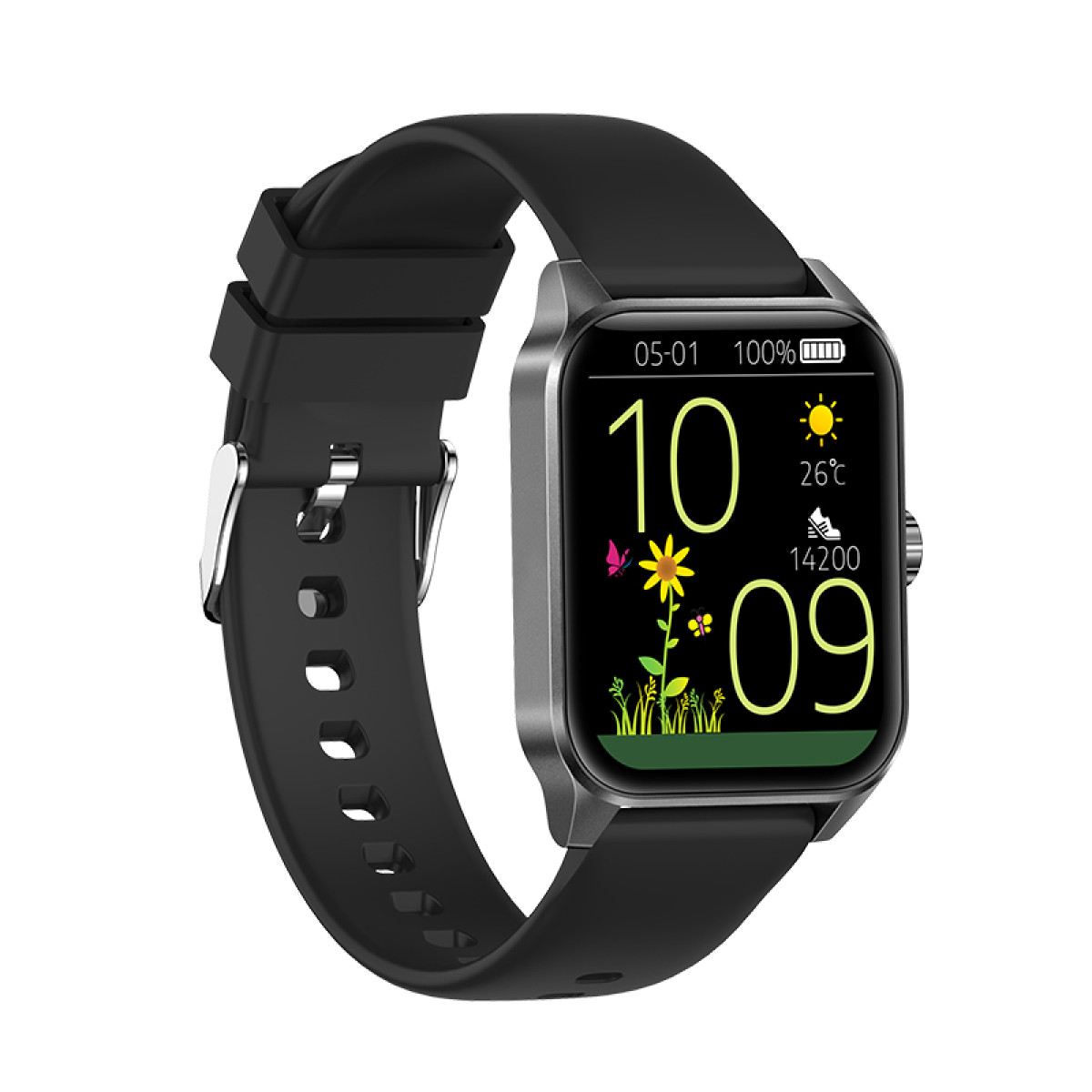 Eine schwarze Smartwatch mit buntem Zifferblatt, das 10:09 Uhr, Sonne, 26°C und Blumen anzeigt.