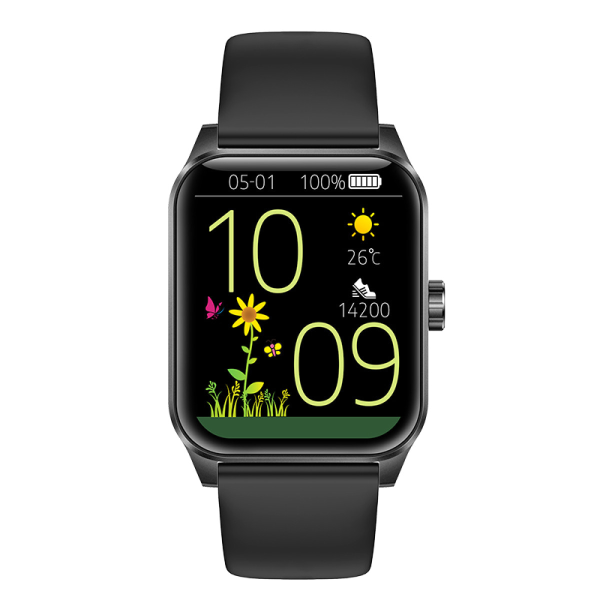 Schwarze Smartwatch zeigt 10:09 Uhr, 100% Akku, Sonne, 26°C und 14200 Schritte.