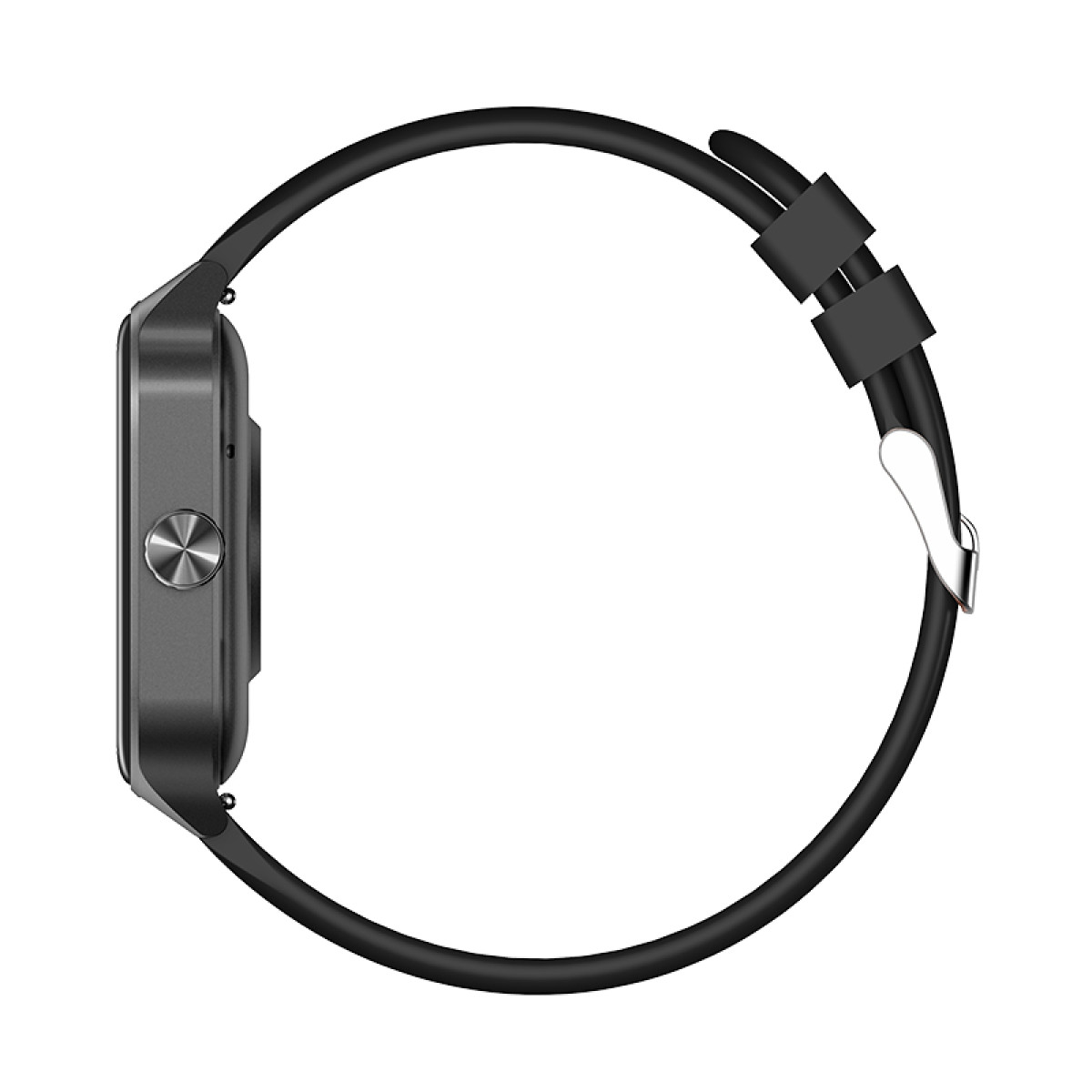 Graue Smartwatch mit schwarzem Armband und silberner Schnalle.