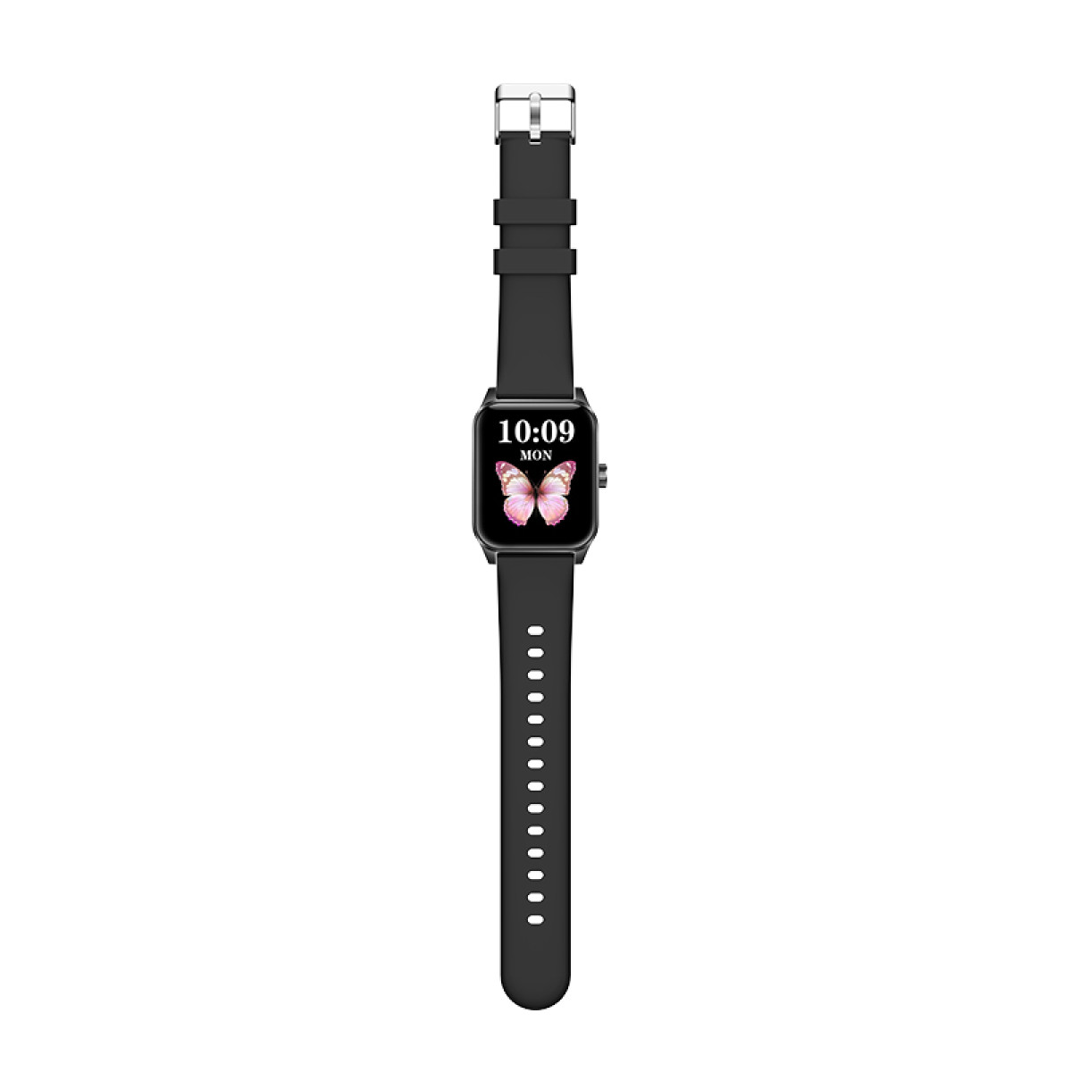 Schwarze Smartwatch mit Schmetterlings-Zifferblatt, zeigt 10:09 Uhr.